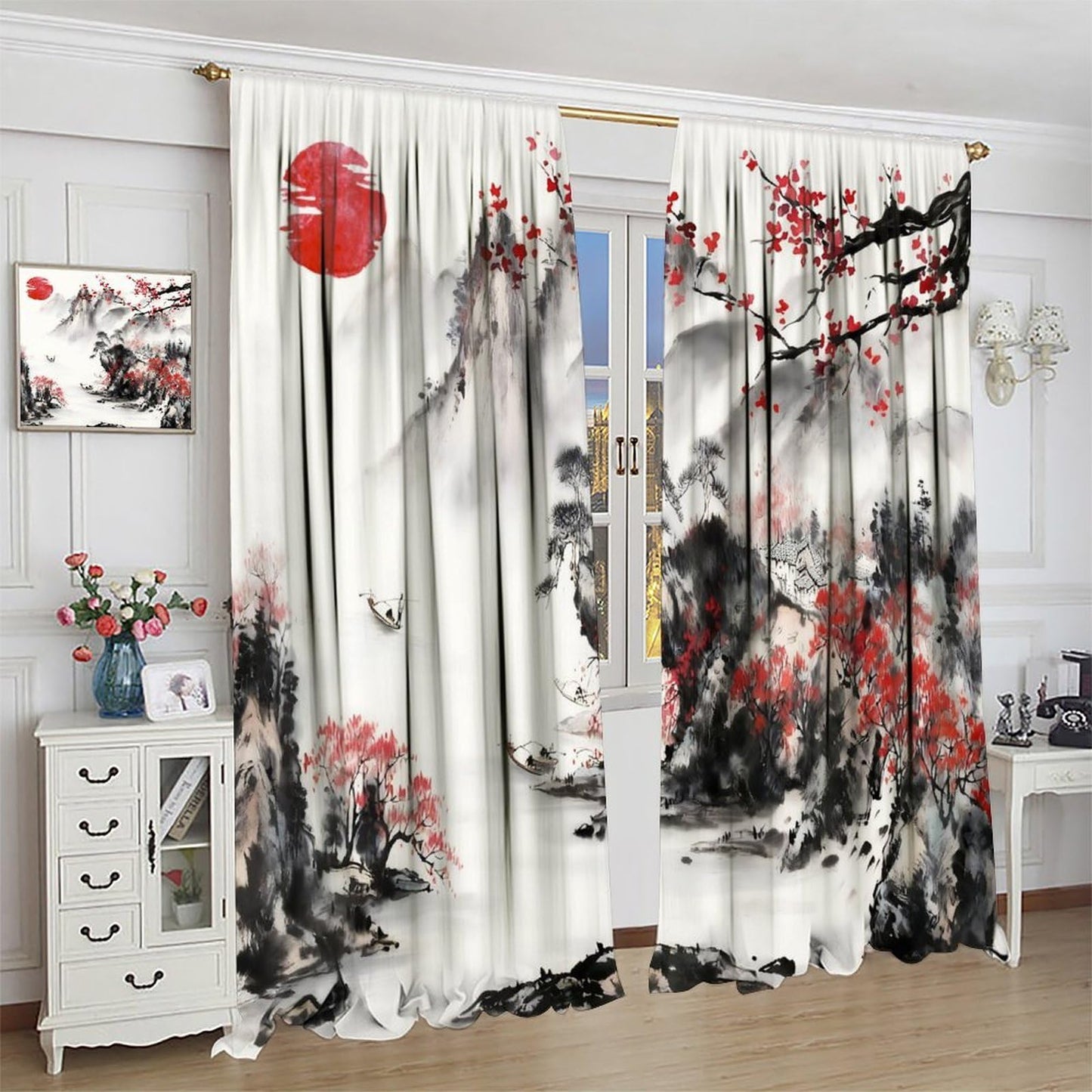 YSWOW Asian Curtains, Japanese Traditional Ink Nature Landscape Cherry Blossoms Art Printed Window Drapes for Bedroom Living Room Kitchen Decor Fabric 2 Panel 42x45 Inch 30% Shading Rate