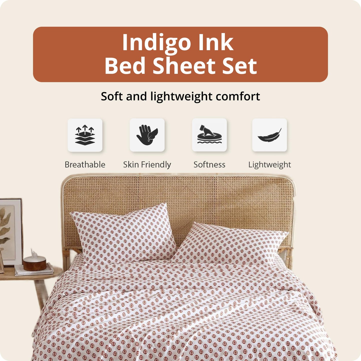 Indigo Ink Queen Size 4-Piece Sheet Set - Fitted & Flat Sheets & Pillowcases, Medallion Pattern, Soft & Breathable, Durable, Wrinkle Resistant Fabric, Deep Pocket Sheets, Panther Collection Spice