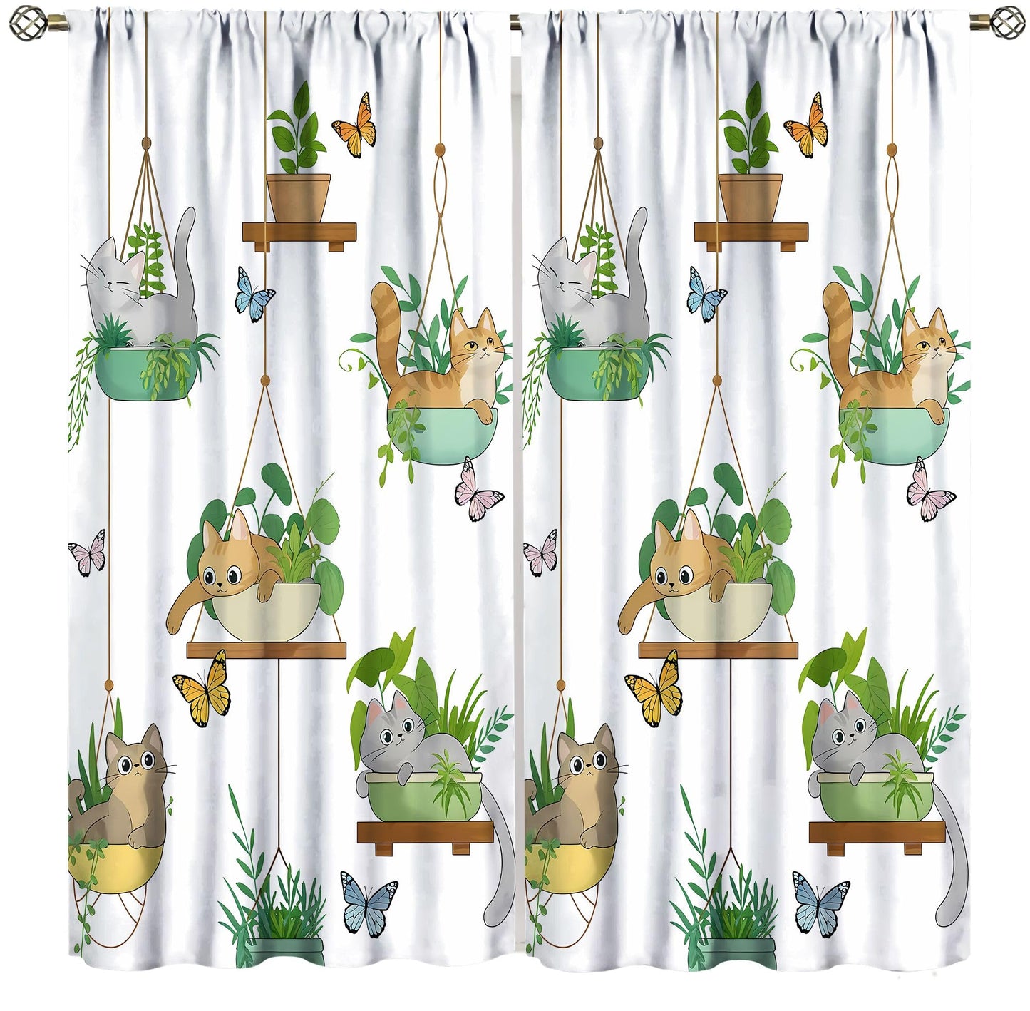 Cat Curtains, Rustic Farmhouse Hanging Potted Plants Print Home Decor Drapes for Bedroom Living Room Kitchen Window Treatment 2 Panels Set Total Size 42" W X 45" L Inch