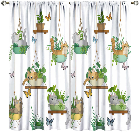 Cat Curtains, Rustic Farmhouse Hanging Potted Plants Print Home Decor Drapes for Bedroom Living Room Kitchen Window Treatment 2 Panels Set Total Size 42" W X 45" L Inch