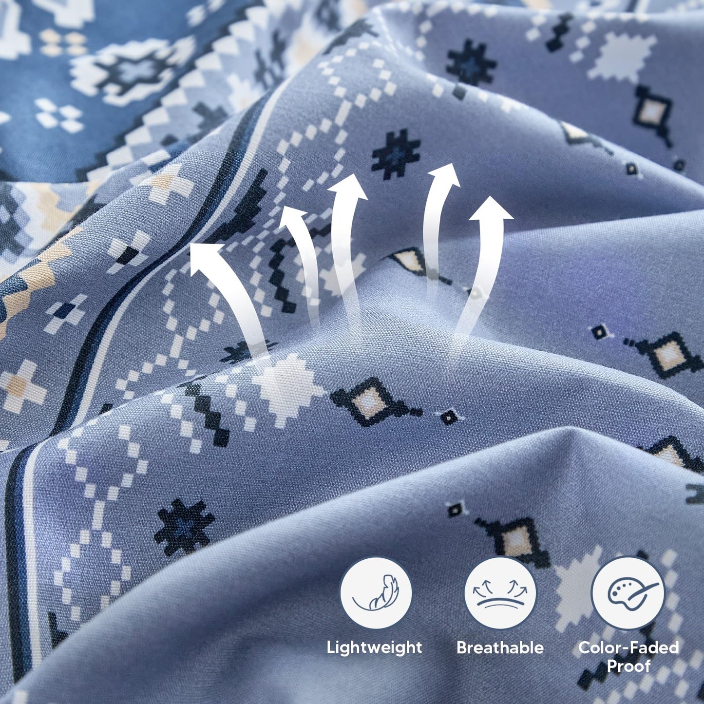 Lekesky Boho Duvet Cover King Size, Blue Comforter Cover King Size White Geometric Floral Printed Duvet Set, 3 Pieces Soft Microfiber Bedding Set with Zipper Ties (King, 104"x90")