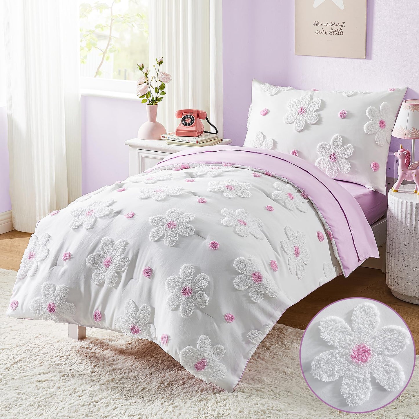 Toddler Bedding Set for Girls 4-Piece Purple Boho Tufted Daisy Flowers Toddler Bed Comforter Set Bed-in-a-Bag Toddler Sheets Bedroom Set with Toddler Comforter, Flat Sheet, Fitted Sheet, Pillowcase