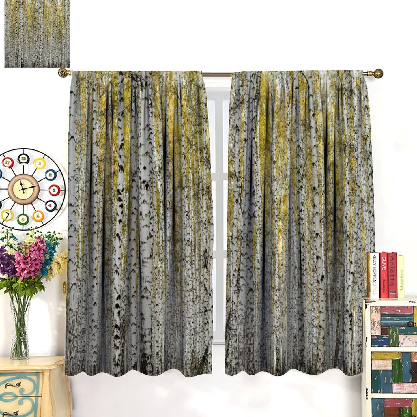 GoDazzling Fall Birch Trees Curtains, Autumn Maple Leaves Forest Wood Nature Scenery Landscape Rustic Farmhouse Window Drapes, for Living Room Bedroom 41" W X 45" L (No Blackout)