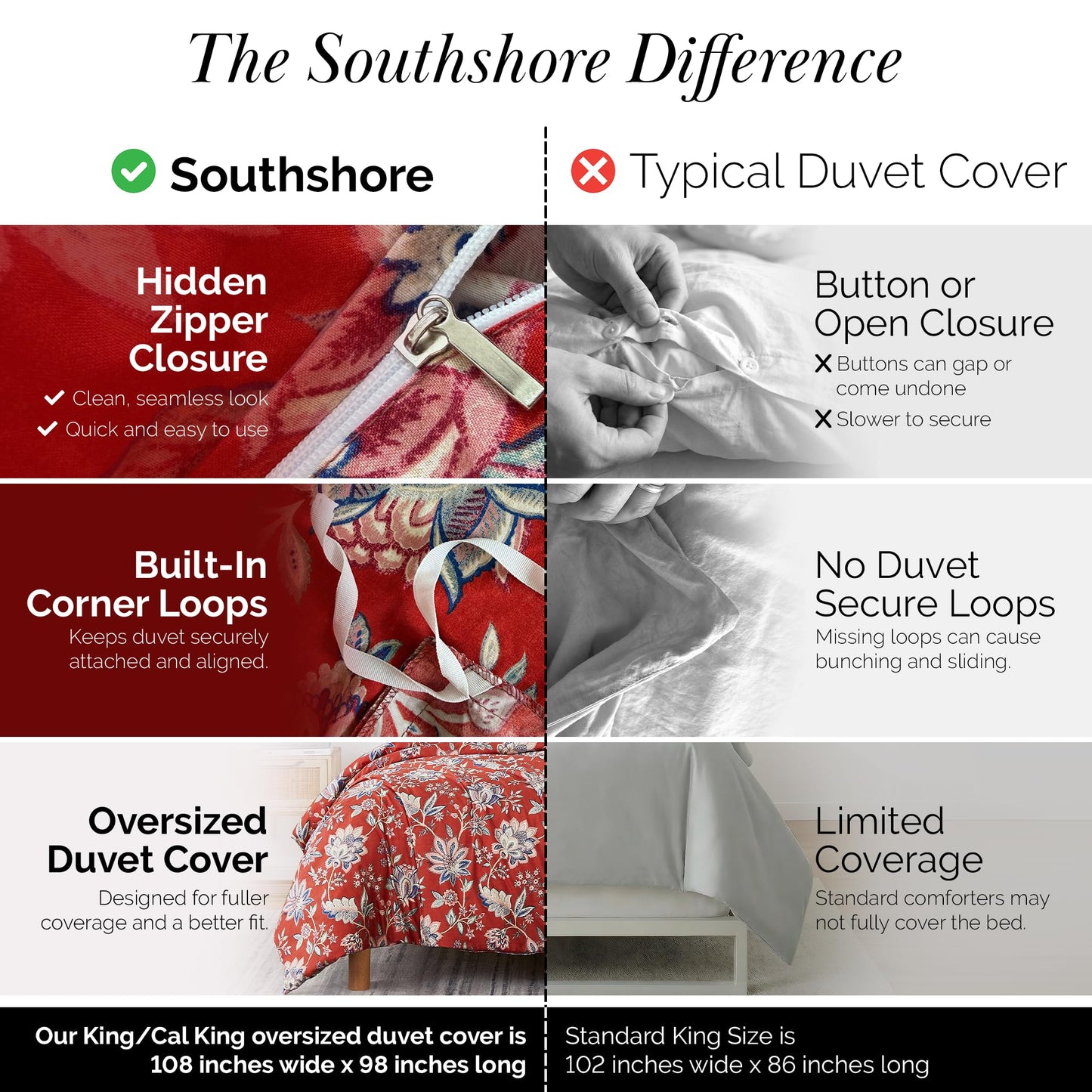 Southshore Fine Living, Inc. Oversized California King Duvet Cover - Red Floral Cal King Duvet Cover Set - Ultra Soft Microfiber, Fade Resistant - Zipper Closure, 2 Pillow Shams - Jacobean Willow Red