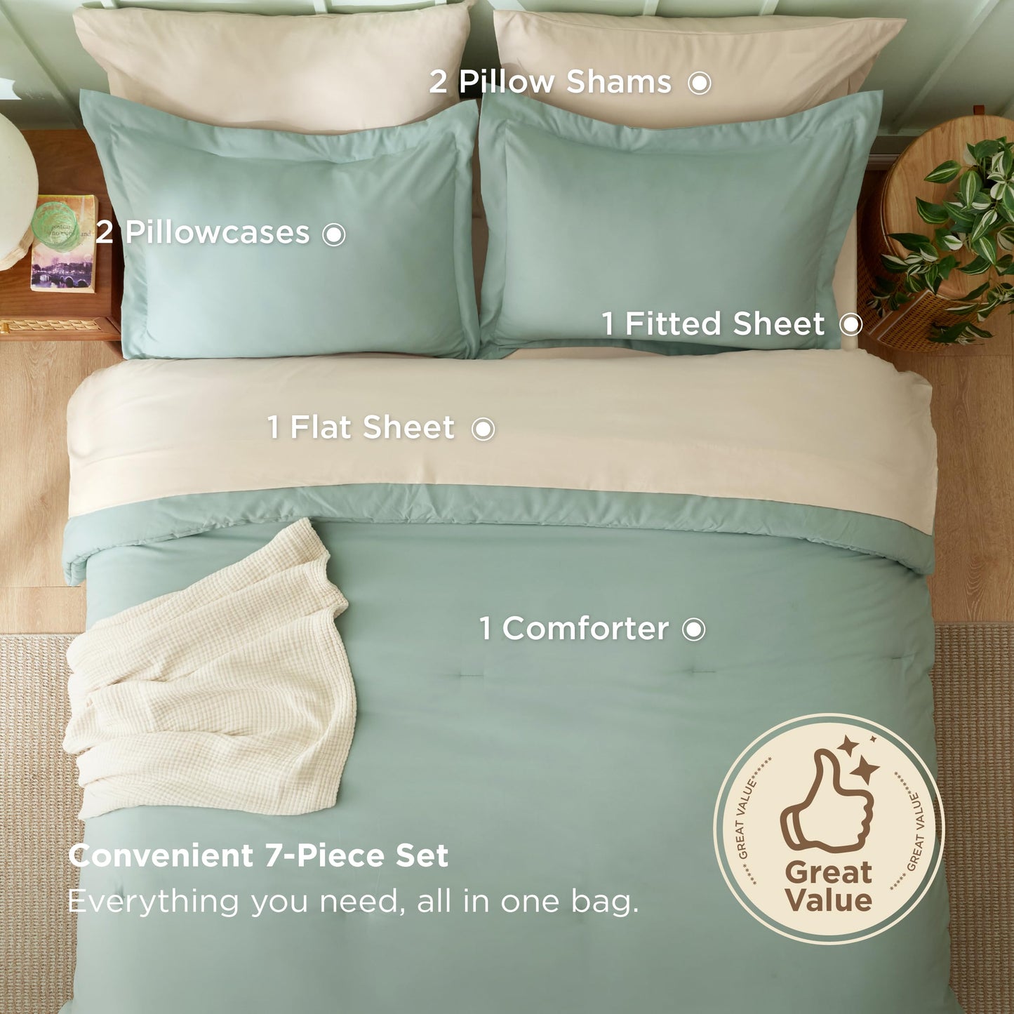 Bedsure King Size Comforter Set Sage Green, 7 Pieces Lightweight King Bedding Sets Boho, Bed in a Bag with Comforter, Sheets, Pillowcases & Shams, Contrasting Design