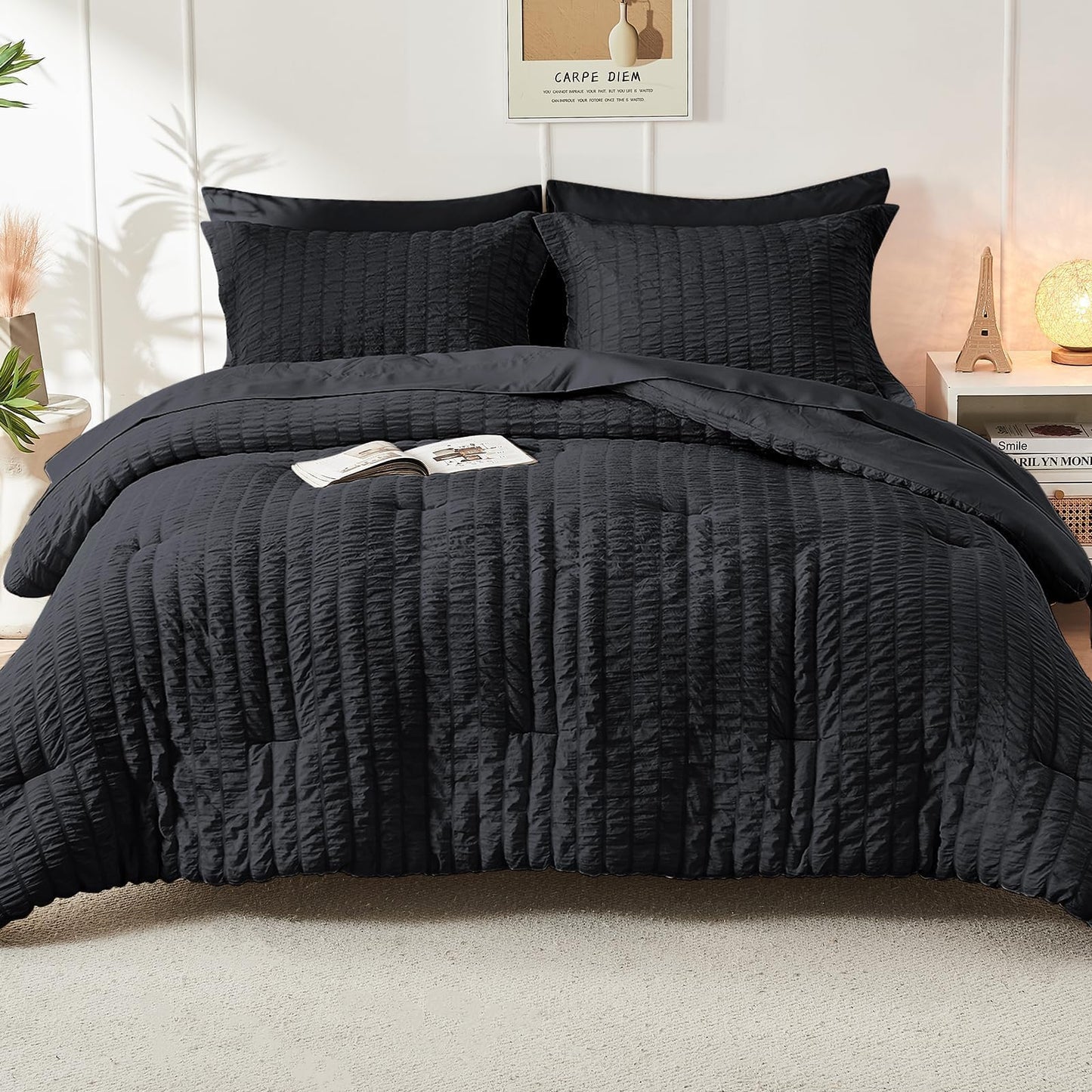 HYMOKEGE Black Oversized Queen Comforter Set Seersucker 7 Pieces, All Season Luxury Bed in a Bag for Bedroom, Bedding Set with Comforter, Sheets, Pillowcases & Shams