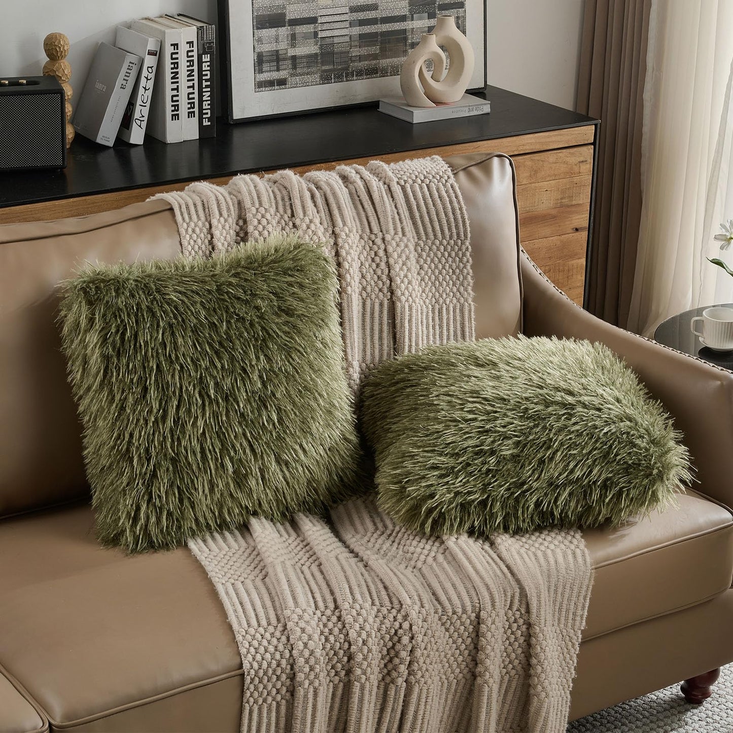 FUTEI Pack of 2 Shaggy Mongolian Faux Wool Throw Pillow Covers 18x18 Inch Soft Fluffy Farmhouse Decorative Cushion Case for Couch Bed Living Room, Olive Green