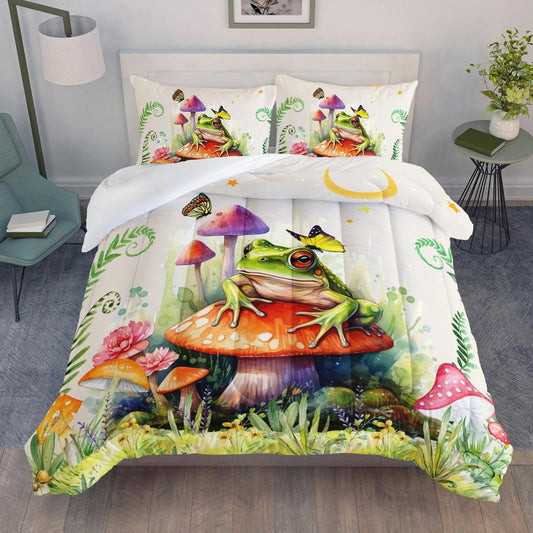 Nttopship Frog Comforter Set Full Size,Botanica Mushroom 3 Piece Bedding Set for Kids,Cartoon Comforter for Room Decor Cute Decor Beige Red Duvet Set Full Size 3Pcs Quilt Set
