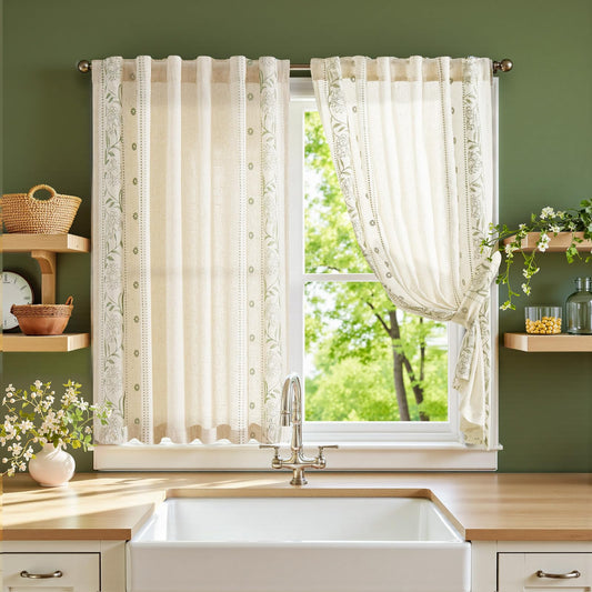 jinchan Winslow Linen Curtains 45 Inch Length Small Window Curtains Embroidered Bordered Floral Drapes Light Filtering for Bathroom Laundry Room Kitchen Farmhouse Decor Sage on Beige 2 Panels