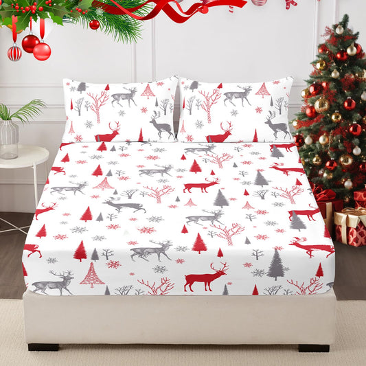 HCORA Christmas Fitted Sheet with Pillow Cases, 100% Brushed Microfibre Deep Pocket Fitted Bottom Sheet, Ultra Soft, Shrinkage and Fade Resistant, Full Size