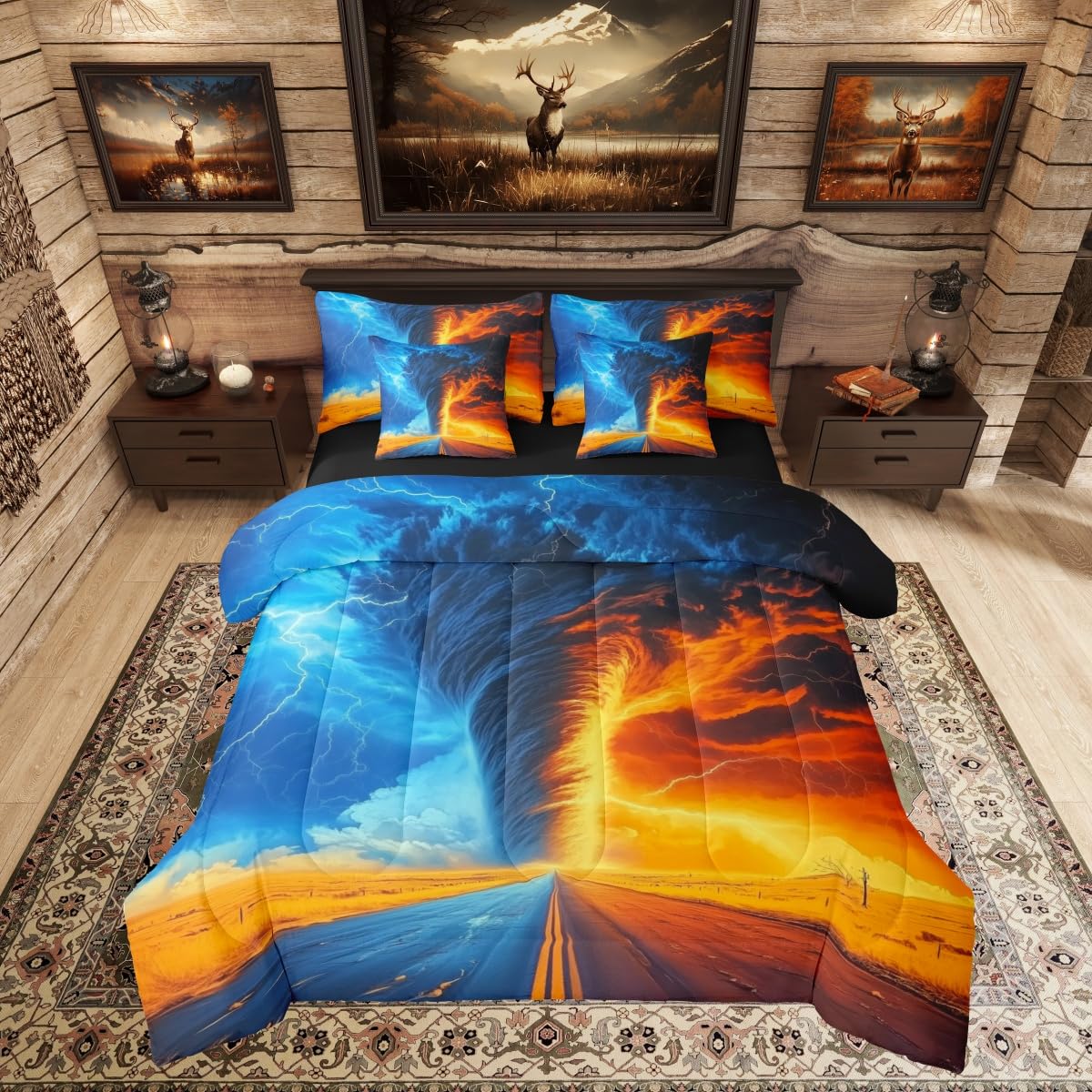 Erosebridal Ice Fire Tornado Comforter Set Queen,Orange Blue Lightning Bedding Set for Kids,Nature Weather(Comforter+Fitted+Flat Sheet+2 Pillowcases+2 Pillow Covers),Natural Disaster 7 Pcs Bed Set