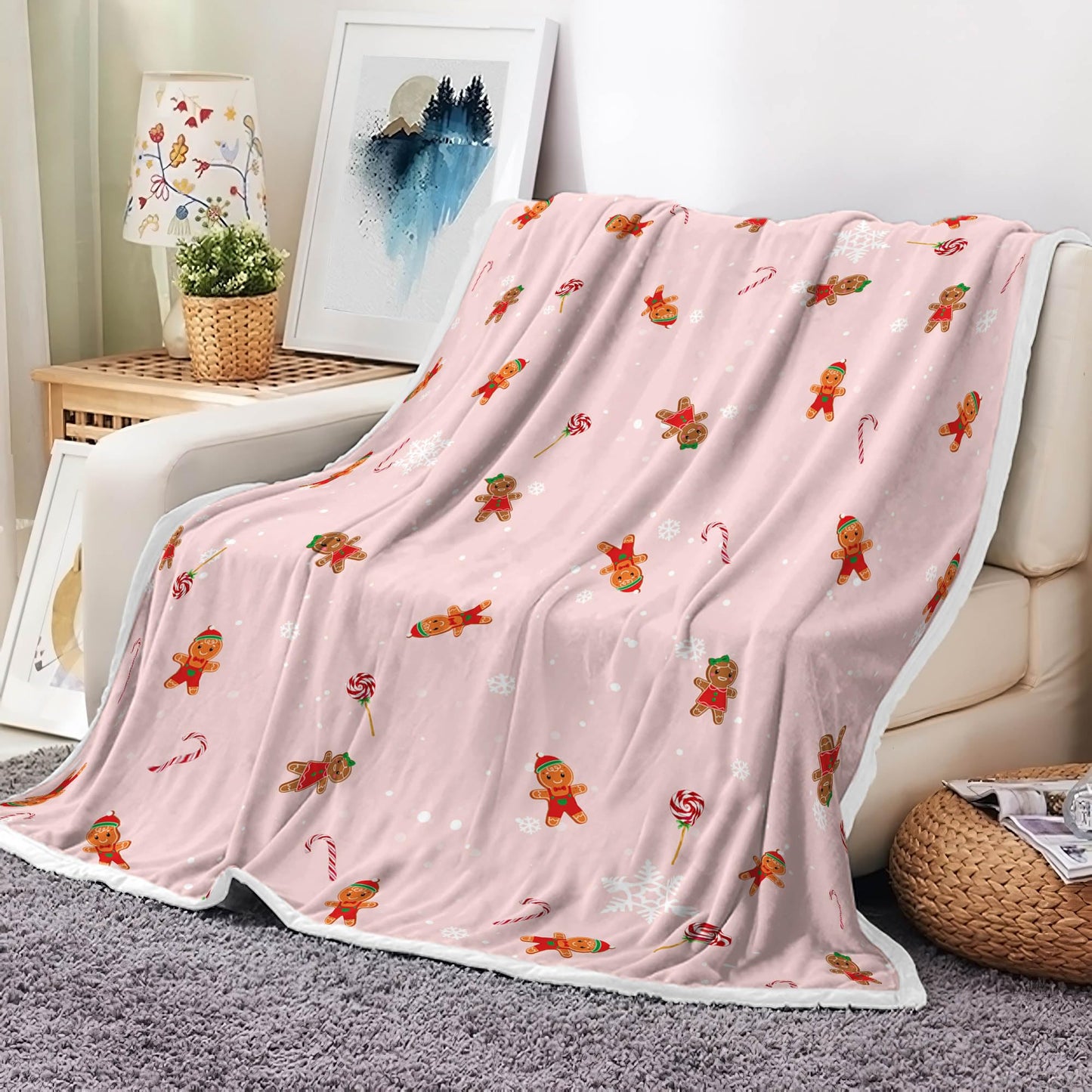 Pink Christmas Gingerbread Throw Blanket, Gingerbread Man Candy Cane Blanket Xmas Winter Flannel Warm Throw Blankets Soft Cozy Decorative for Christmas Home Bed Sofa Couch Decor, 50 x 60 Inch