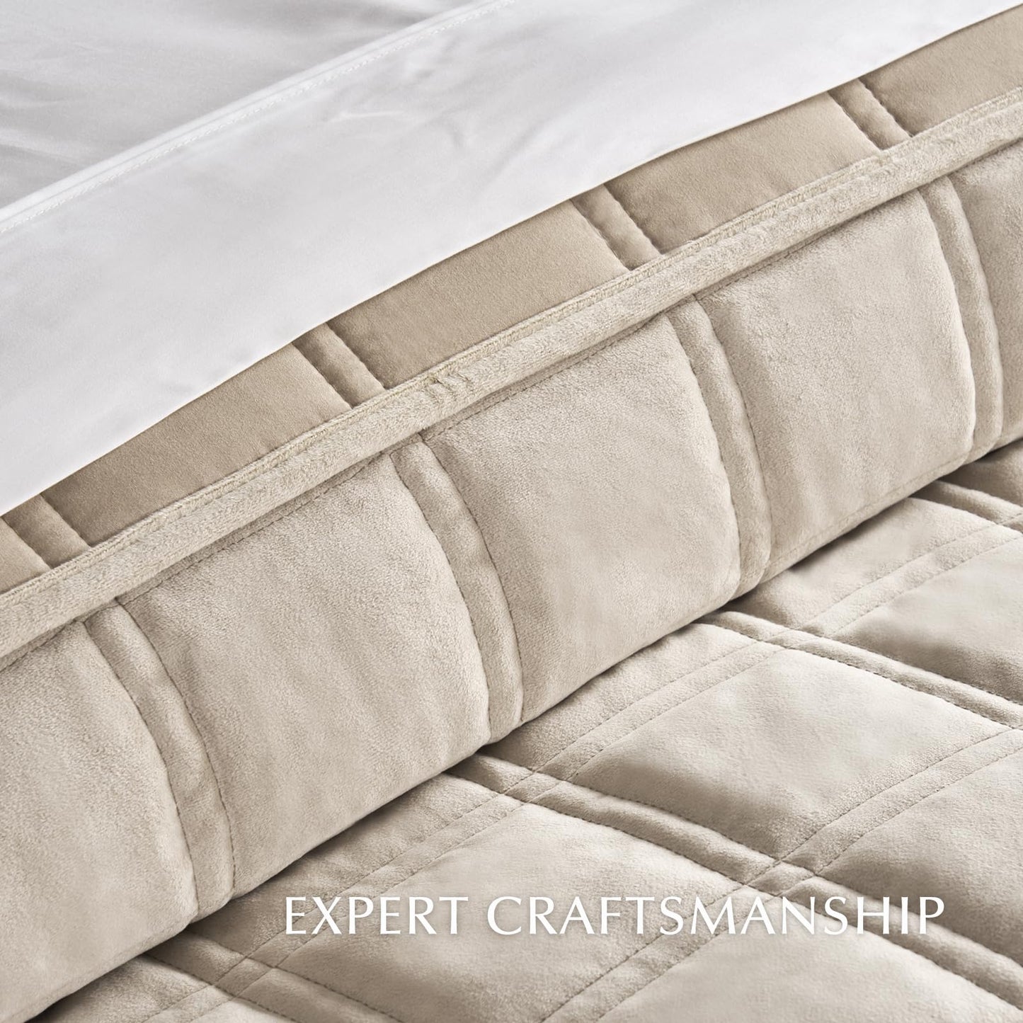 EVERGRACE 3 Pieces Luxurious Velvet Quilt King Size, Ultra Soft Bedspread Coverlet Set, Double Box Stitch Lightweight Velvet Comforter for All Season with 2 Shams, Beige, 108"x96"