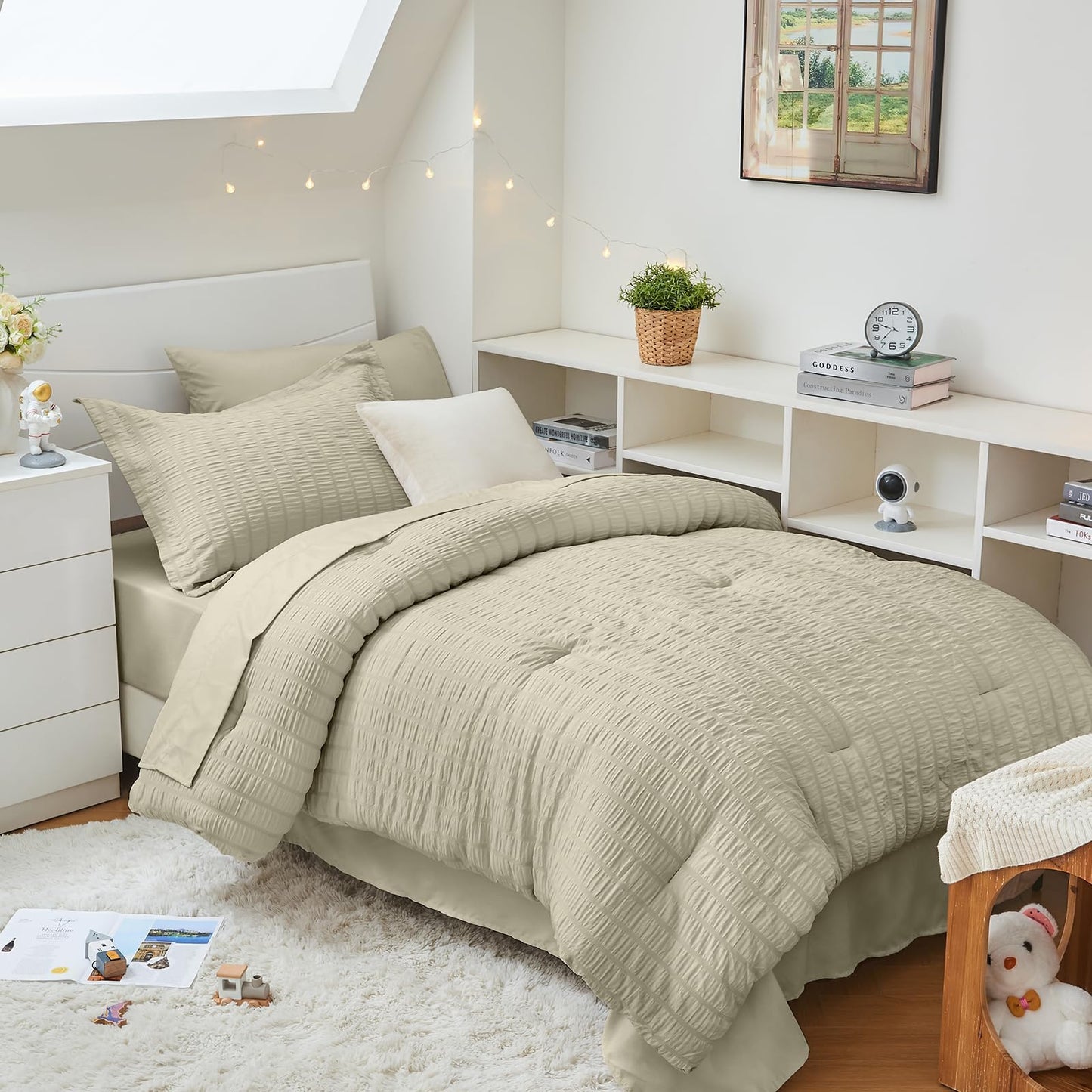 HYMOKEGE Light Linen Twin Comforter Set Seersucker 5 Pieces, All Season Luxury Bed in a Bag for Bedroom, Bedding Set with Comforter, Sheets, Pillowcase & Sham