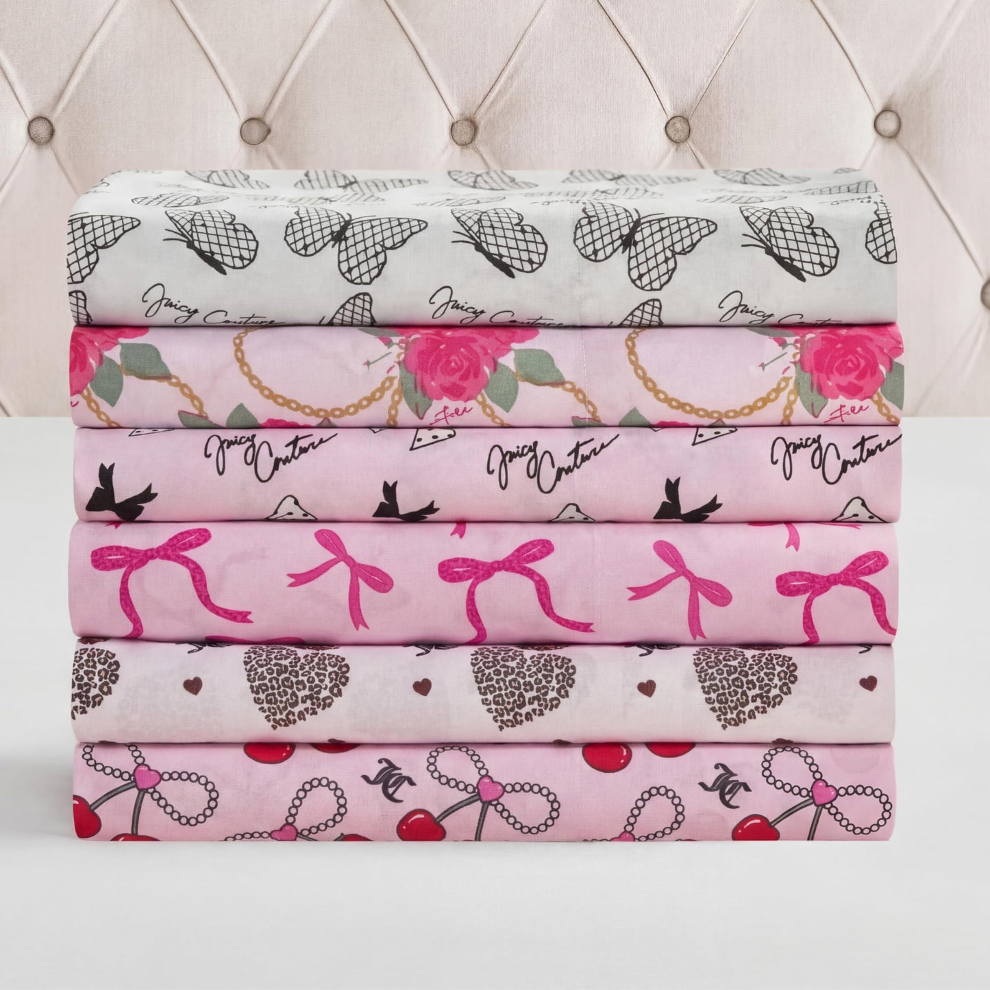 Juicy Couture Printed Microfiber 6-Piece King Sheet Set, Bianca Chain Floral Pink
