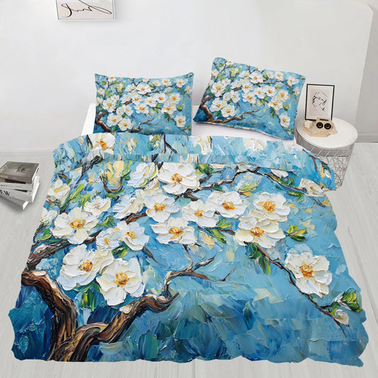 PAISUOQ Florals Bedding & Bedroom Decor - White Floral Duvet Cover Queen Size - Soft Comforter Cover with 2 Pillow Shams - 3 Piece with Zipper - Abstract Blue Home Decor & Gifts