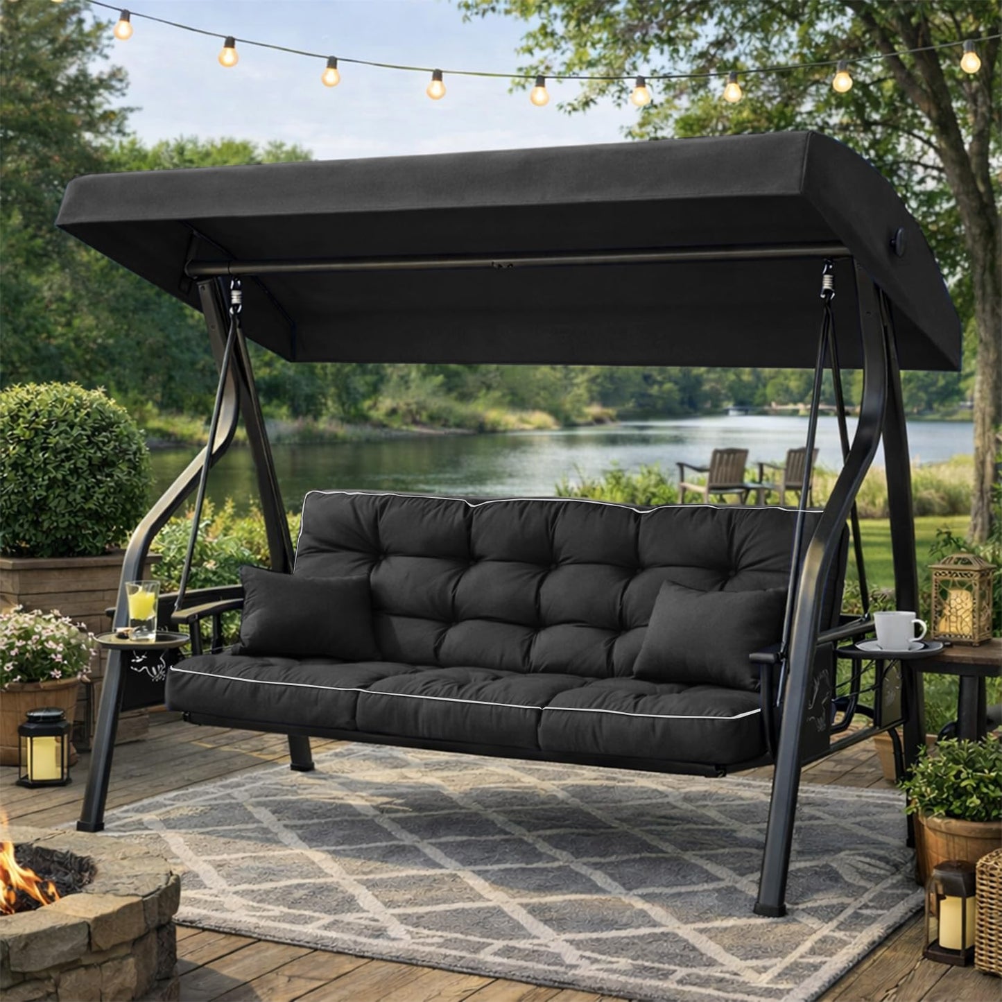 Kerkrot Porch Swing Cushions, Waterproof & Fade Resistant Outdoor Swing Cushion 55 Inch, Swing Cushions 3 Seater Replacement for Outdoor Furniture, Patio, Garden (Black, 55 x 40 inch)