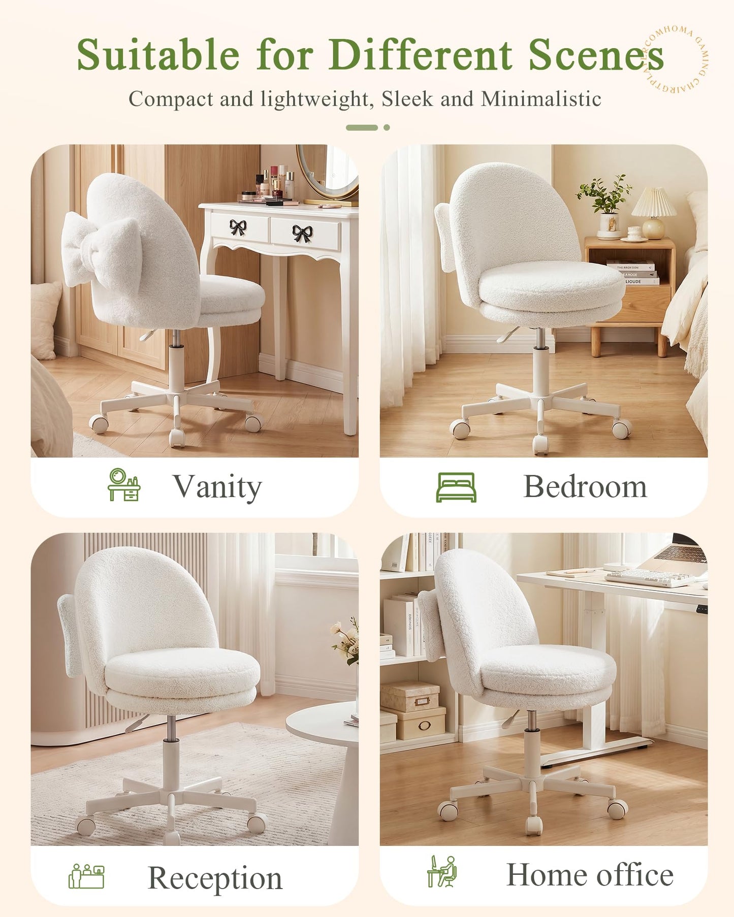 GTPOFFICE Vanity Chair with Back, Adjustable Tall Office Chair High Swivel Bar Stools Fluffy Cute Desk Chair Comfy with Wheels Bow Pillow Armlees for Adults Standing Desk Bar, Teddy Velvet, Cream