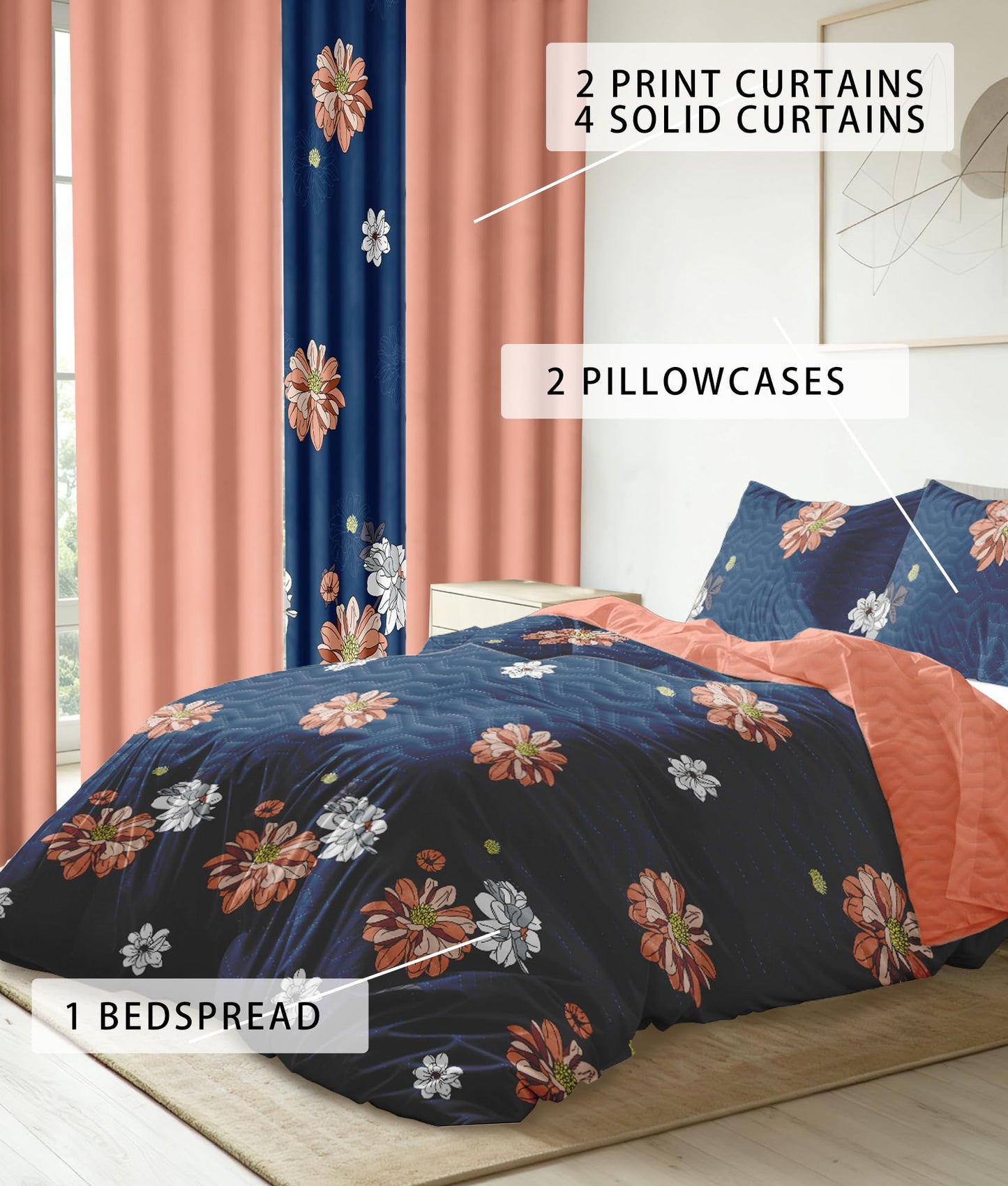 Reylox 9 Pcs King Bed in A Bag with Curtains | Navy/Orange Floral Bedspread, 2 Pillowcases, 2 Print & 4 Solid Curtains | Microfiber, Moisture-Wicking | Bedroom | King Size Comforter Set with Curtains