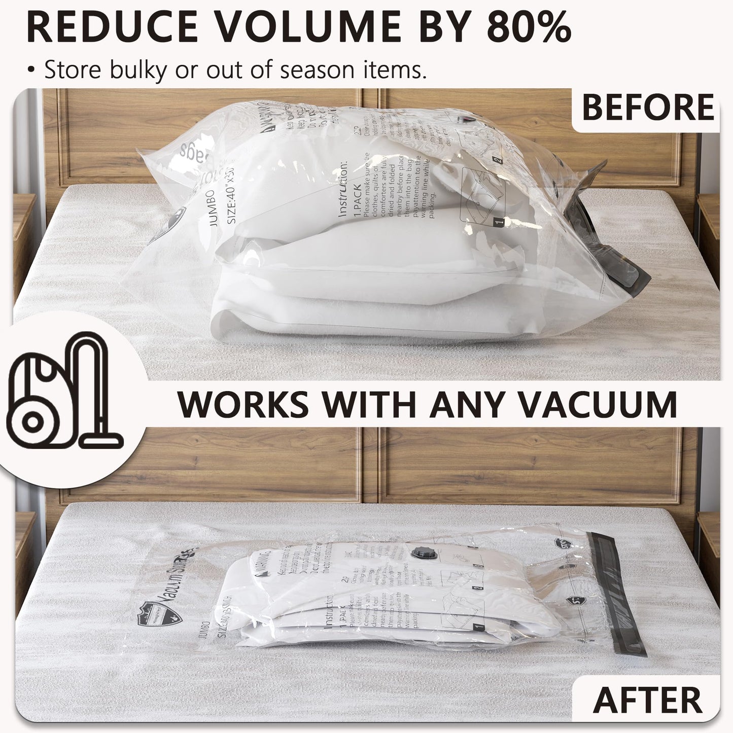 Vacuum Storage Bags, Compression Packing Space Saver Seal Bags for Clothing Bedding Comforters Blankets Pillows, 14 Medium