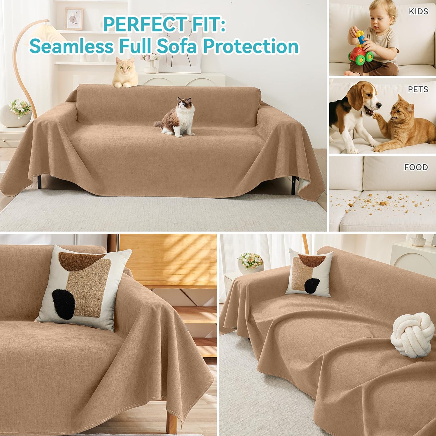 Warmstar Couch Protector from Cat Claws, Waterproof Couch Cover Anti Slip,Couch Cover 3 Cushion Sofa Washable,Anti-Scratch Pet Sofa Cover Heavy Duty,91"X150", Brown