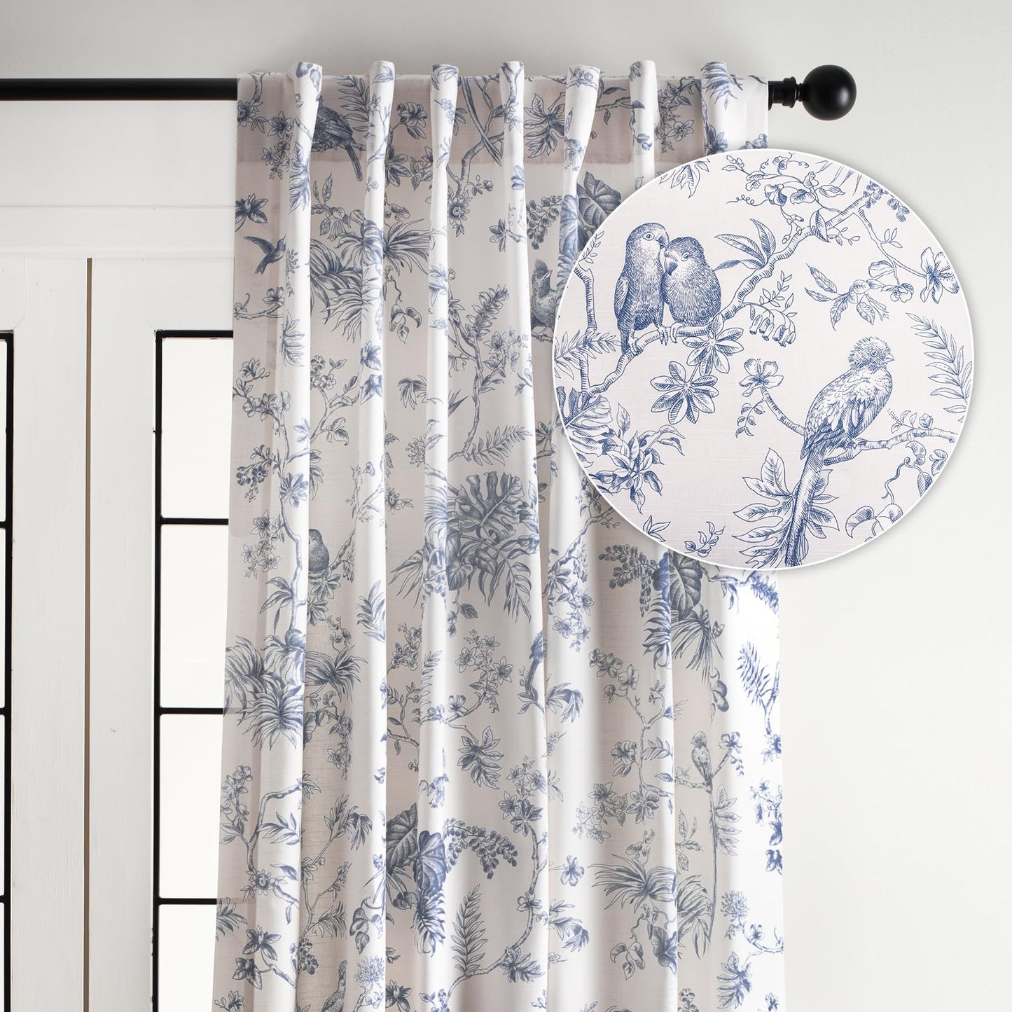 Maison d' Hermine Curtains for Living Room 100% Cotton 96 inch Length One Panel Light Filtering Toile Curtains for Bedroom Windows with Rod and Loop Pockets Drapes (Jouy Paradise Blue, 50" W x 96" L)