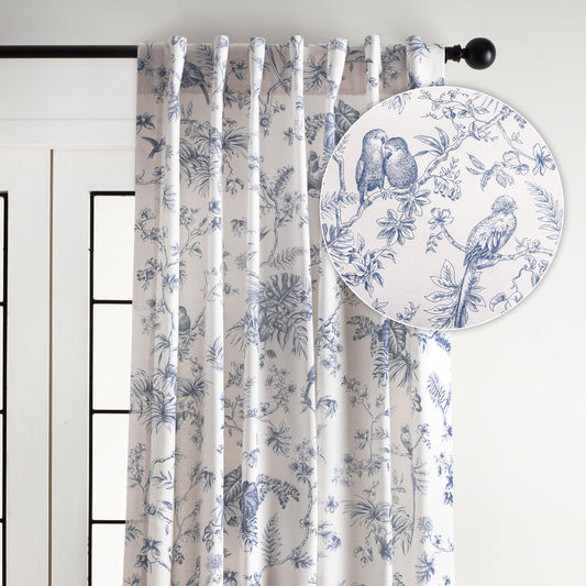 Maison d' Hermine Curtains for Living Room 100% Cotton 96 inch Length One Panel Light Filtering Toile Curtains for Bedroom Windows with Rod and Loop Pockets Drapes (Jouy Paradise Blue, 50" W x 96" L)