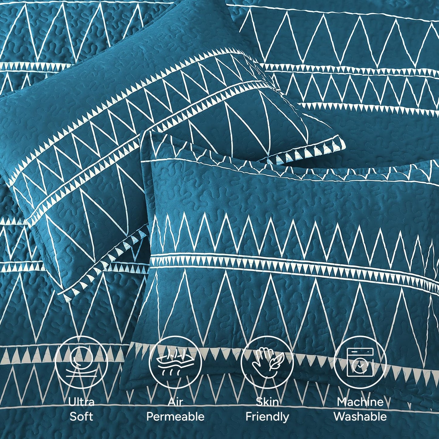 Andency Teal California King Quilt Set, 3 Pieces Boho Lightweight Soft Striped Cal King Bedspread for All Season (112"x104"), Printed Bohemian Polyester Reversible Coverlet Comforter Sets