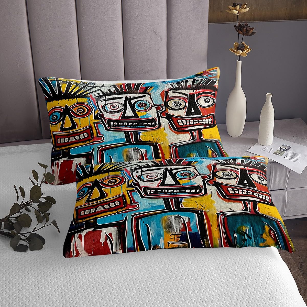 Homewish Abstract Graffiti Bedding Sets King Size,Street Art Bedspread 3Pcs for Kids Girls Boys Adult Room Decor,Red Blue Yellow Quilt Comforter Retro Hippie Style Coverlet,2 Pillowcases