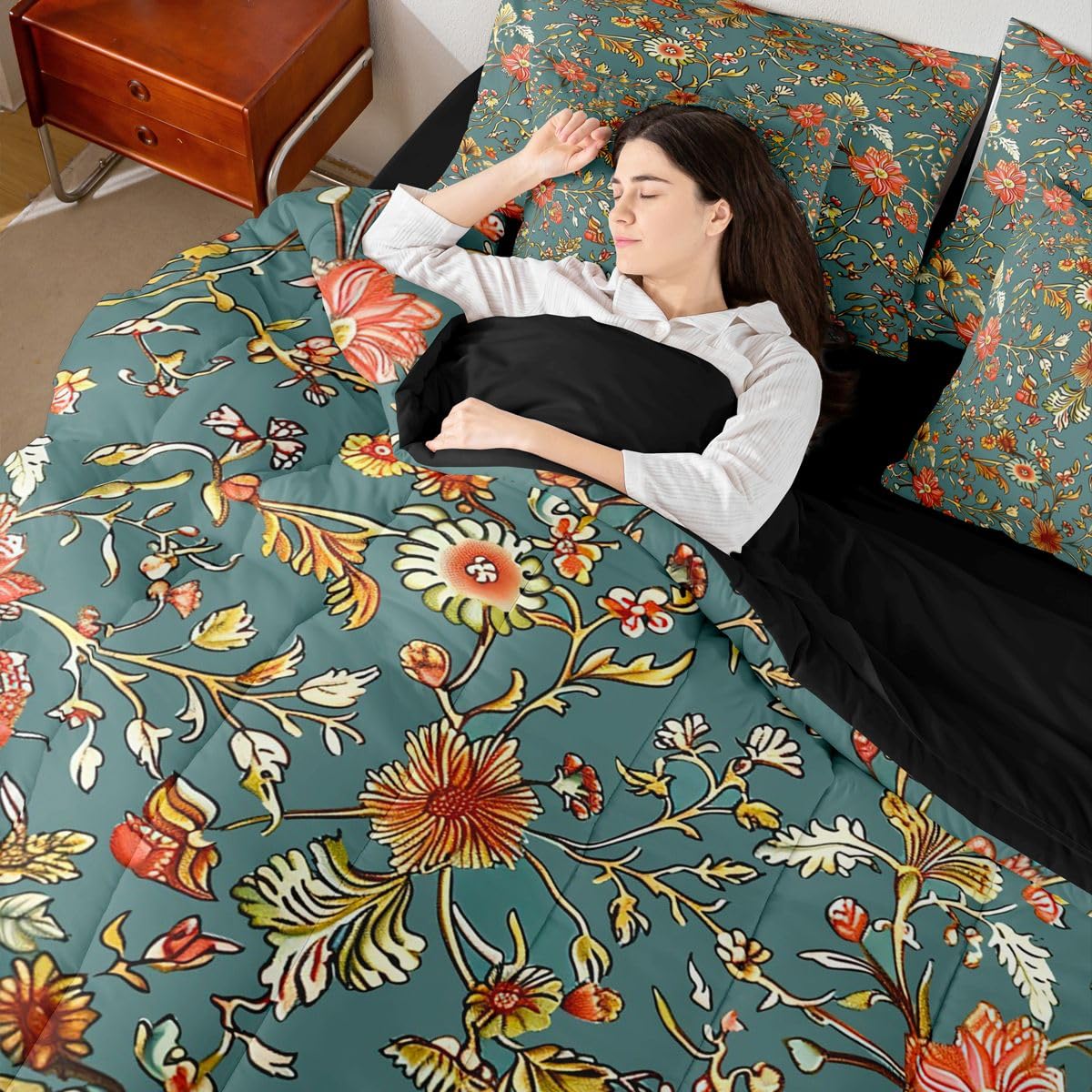 Erosebridal Flowers 7 Piece Bedding Set Twin Abstract Comforter Set with Sheets Botanical Petals Bud Daisy Farmhouse for Kids Boys Girls Hand Drawn Plants Floral Theme Bed in a Bag