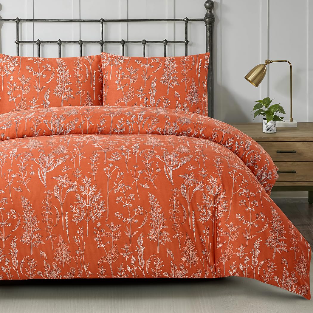 Lekesky Floral Duvet Cover Queen Size, Burnt Orange Queen Duvet Cover Plant Flowers Pattern Bedding Set for All Season, Soft Breathable Duvet Cover with Zipper Closure & Corner Ties
