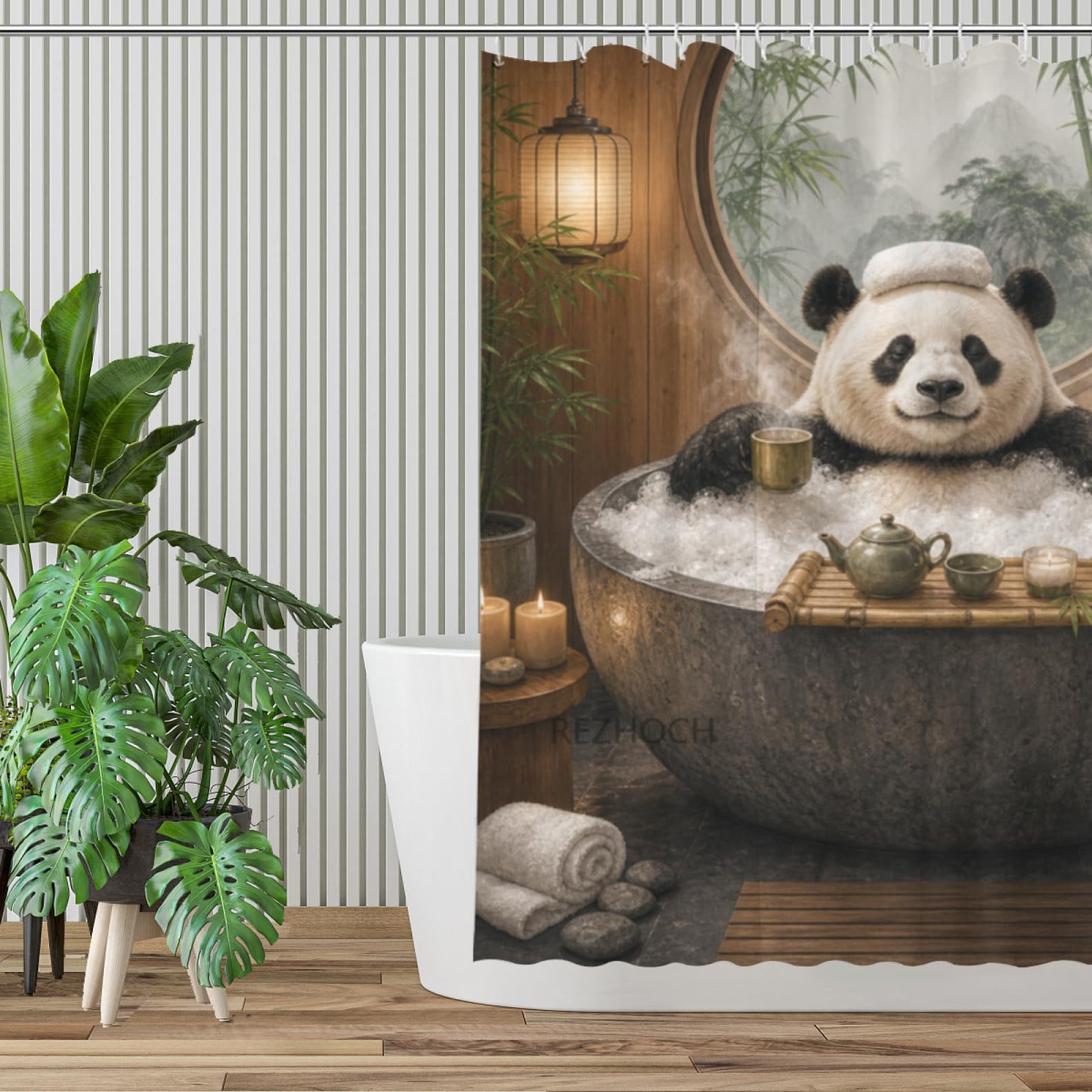 REZHOCH Funny Panda Shower Curtain 72x72 Inch Bamboo Spa Bubble Bath Teapot Candle Zen Bathroom Cute Animal Decor Bath Set with Hooks