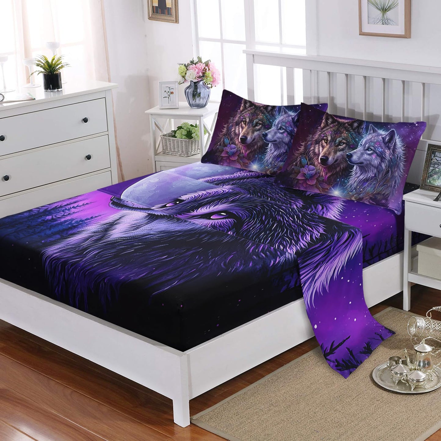 AILONEN Galaxy Wolf Comforter Set Twin Size,7-Piece Soft Bed in a Bag, Purple Starry Wolf Comforter & Fitted Sheet & Flat Sheet & 2 Pillowcases,2 Pillow Shams