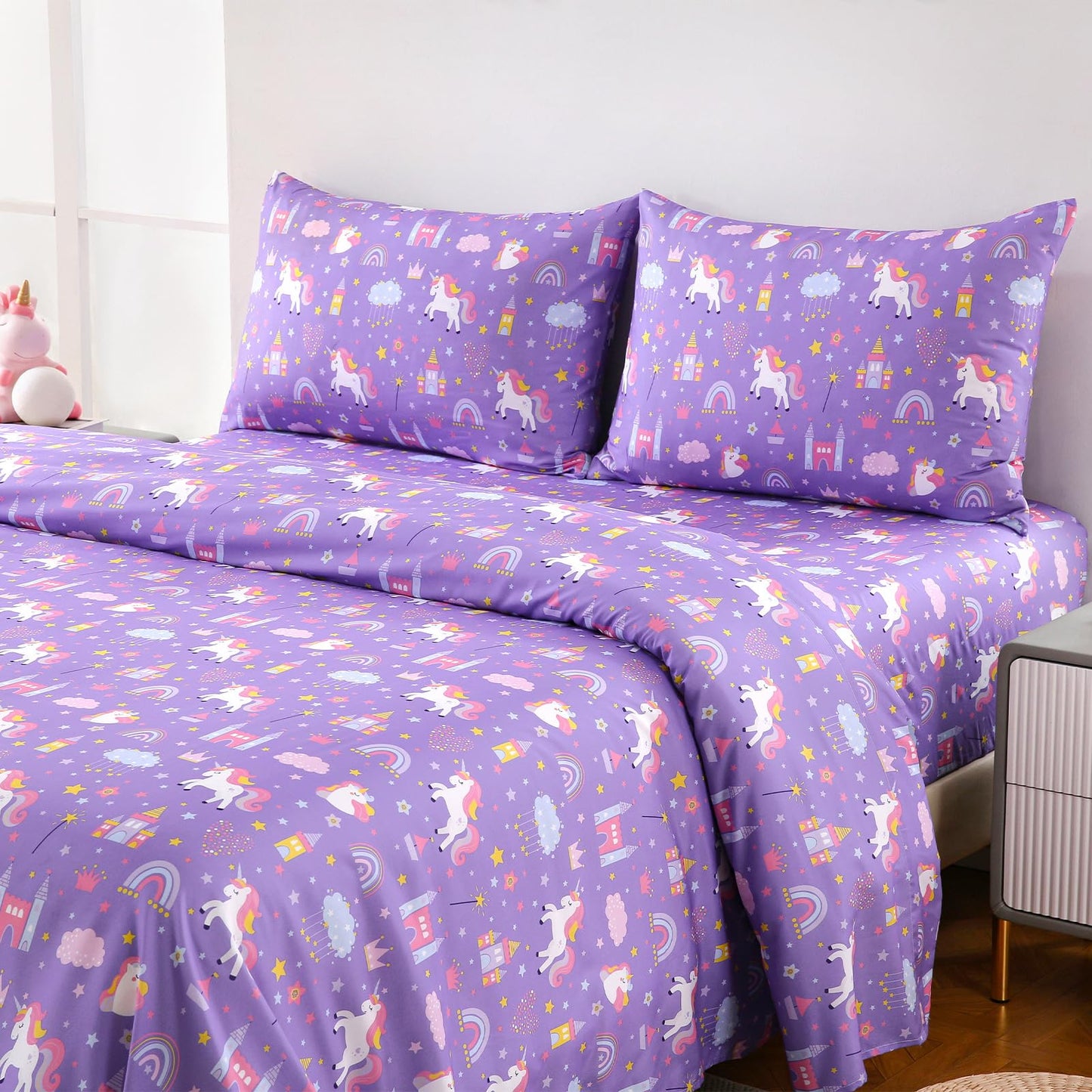 MICORAL Kids Twin Sheet Set Dinosaur, 3 Pieces Unicorn Purple Sheets for Boys & Girls, Soft Printed Microfiber Bed Sheets, Deep Pocket Cozy Toddler Bedding Set