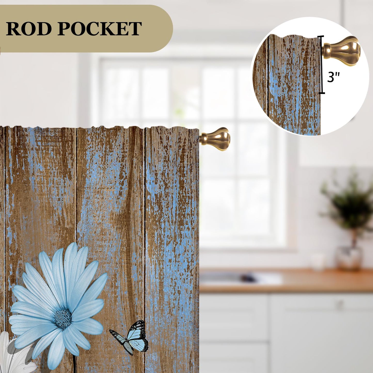 Cizuug Blue Farmhouse Daisy Curtains KitchenWooden Barn Plank Small Short Cafe Window Curtains Butterfly Rustic Country Spring Farm Bathroom Drapes Treatment Tier Curtains 2 Panels