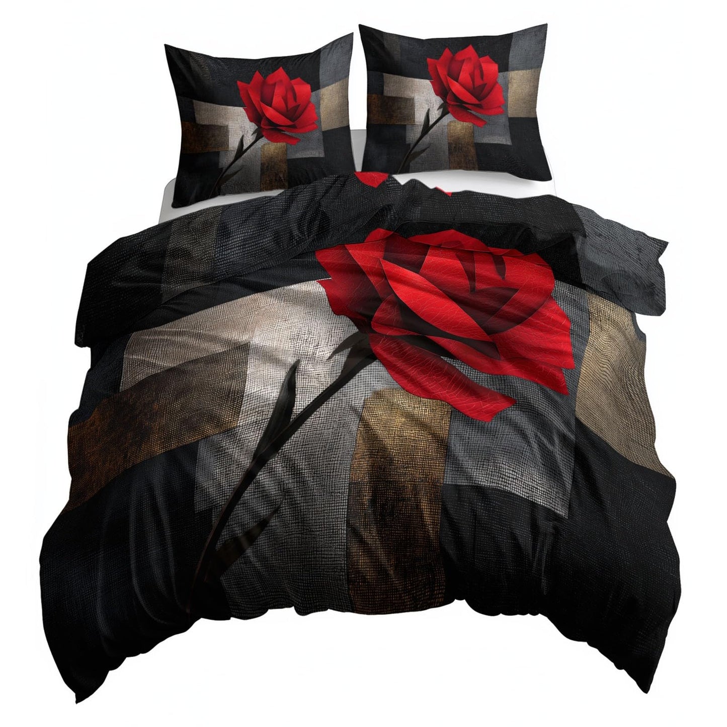 Super Soft Geometric Abstraction Duvet Cover Set Twin Size, Mosaic Leather Red Roses Bedding for Kids Boys Girls Teens - Breathable and Anti-Allergic Soft Comforter Cover 2 Pillow Shams