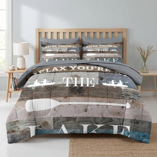 Pamnest Comforter Set Queen Size, Boat Adventure Camper Vintage 7 Pcs Bedding for Kids and Adults, Rustic Lake Camping Bed Sheet Sets with Fitted Sheet 2 Pillowcase & 2 Sham for Bedroom Bed Decor
