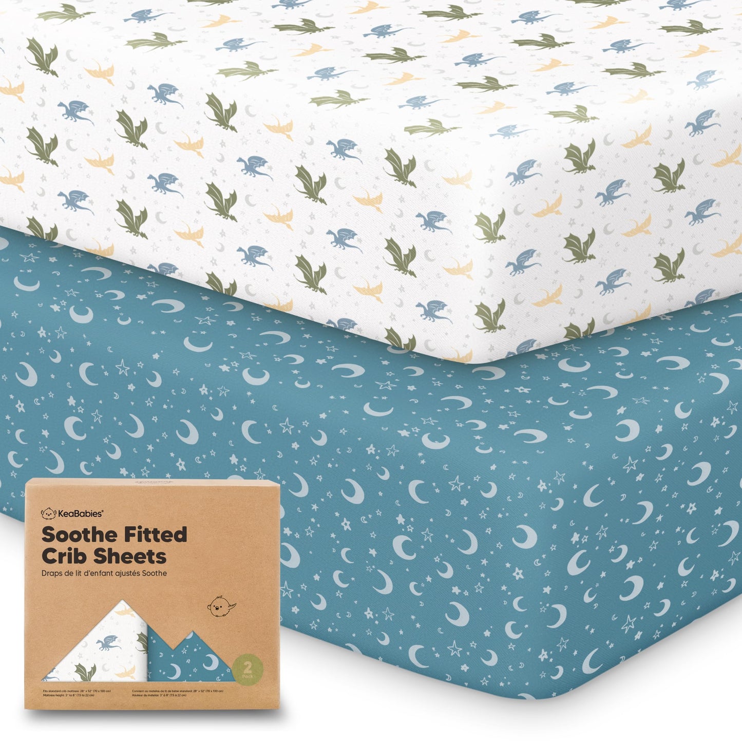 KeaBabies 2-Pack Organic Cotton Crib Sheets for Boys, Girls - 52x28 Fitted Crib Mattress Sheet Neutral, Breathable Cover for Baby Bed Set, Toddler Mattress, Soft & Cute Prints (Dragon Tale)