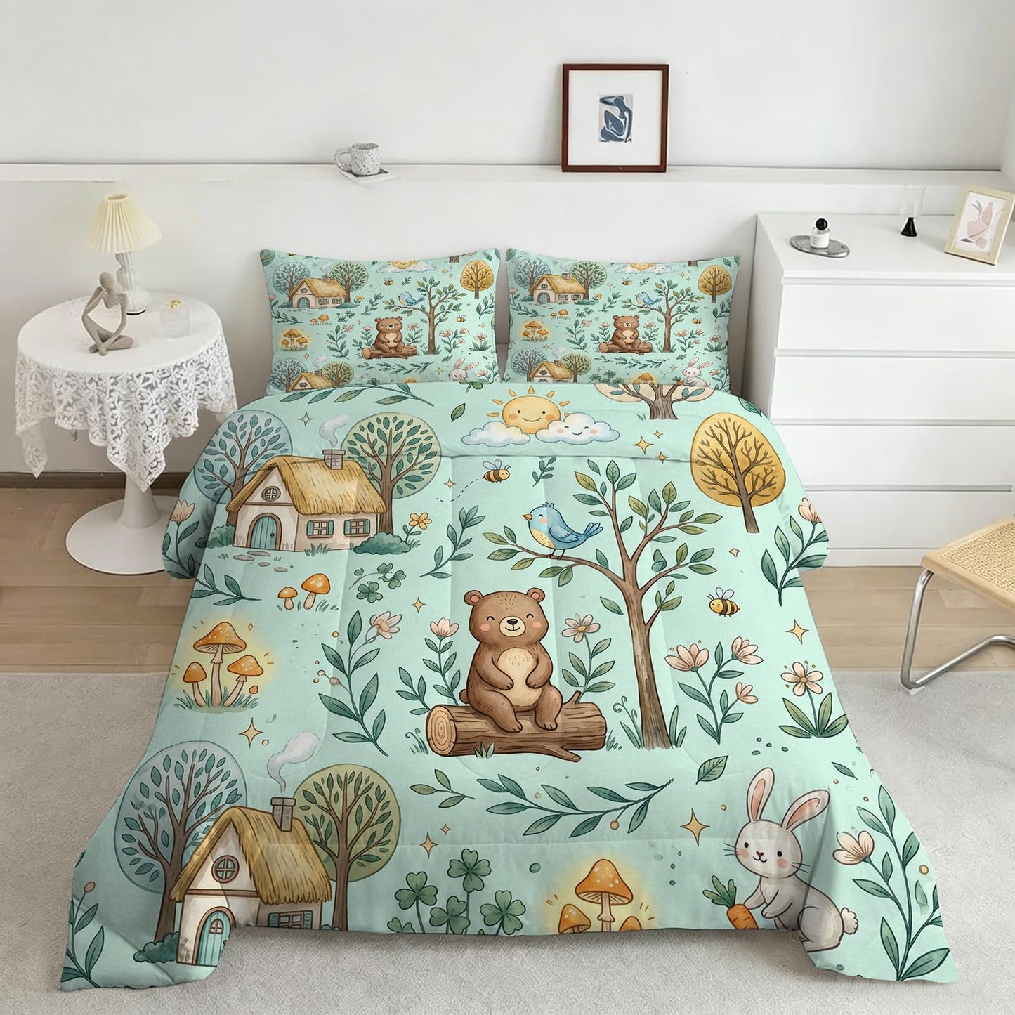 DJNEAR Cute Woodland Animal Comforter Set Twin Size, Bear and Rabbit Print for Kids Boys Girls Teens, Soft Microfiber Room Decor 1 Comforter 1 Pillowcase