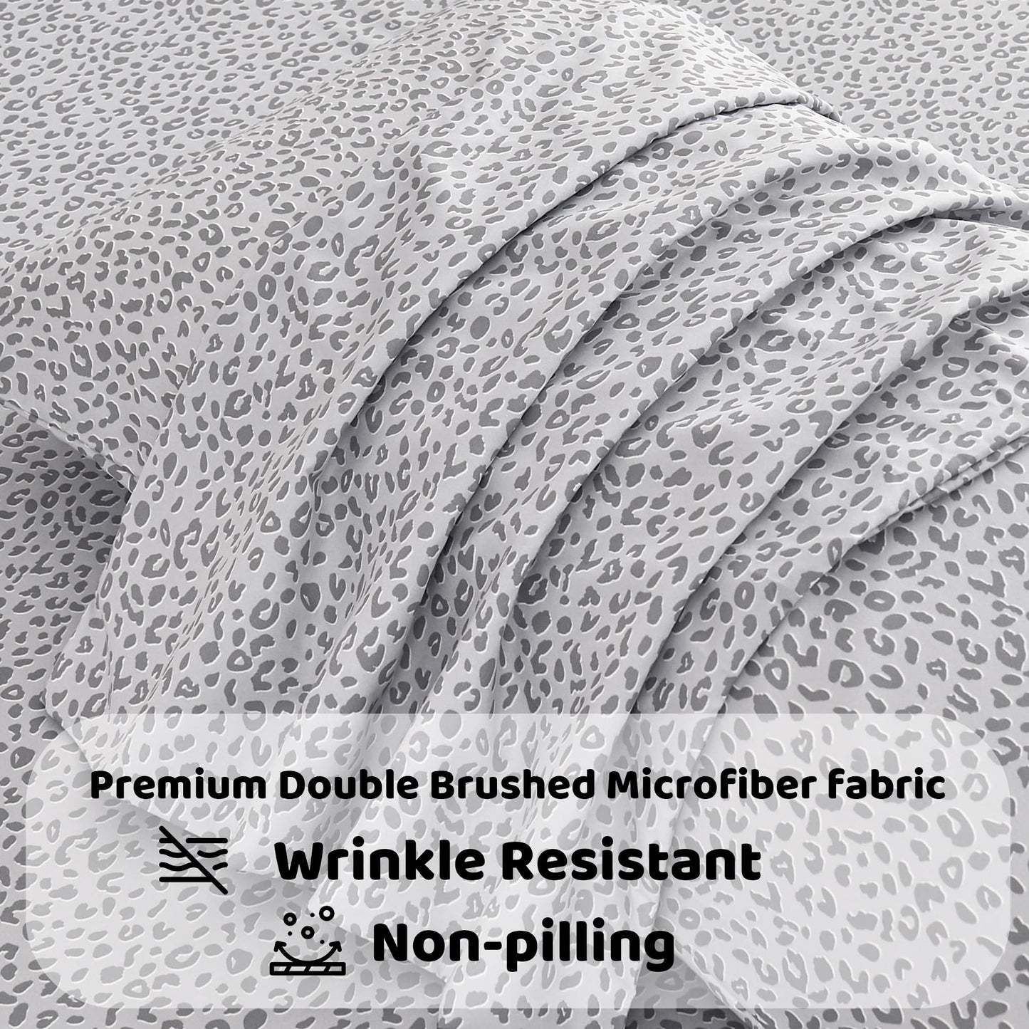 Mooreeke Leopard Cheetah Printed Full Bed Sheets, Soft Microfiber Bedding Sheets & Pillowcases, Deep Pocket Non-Slip Fitted Full Sheet, Silver Grey Animal Pattern Bedsheets