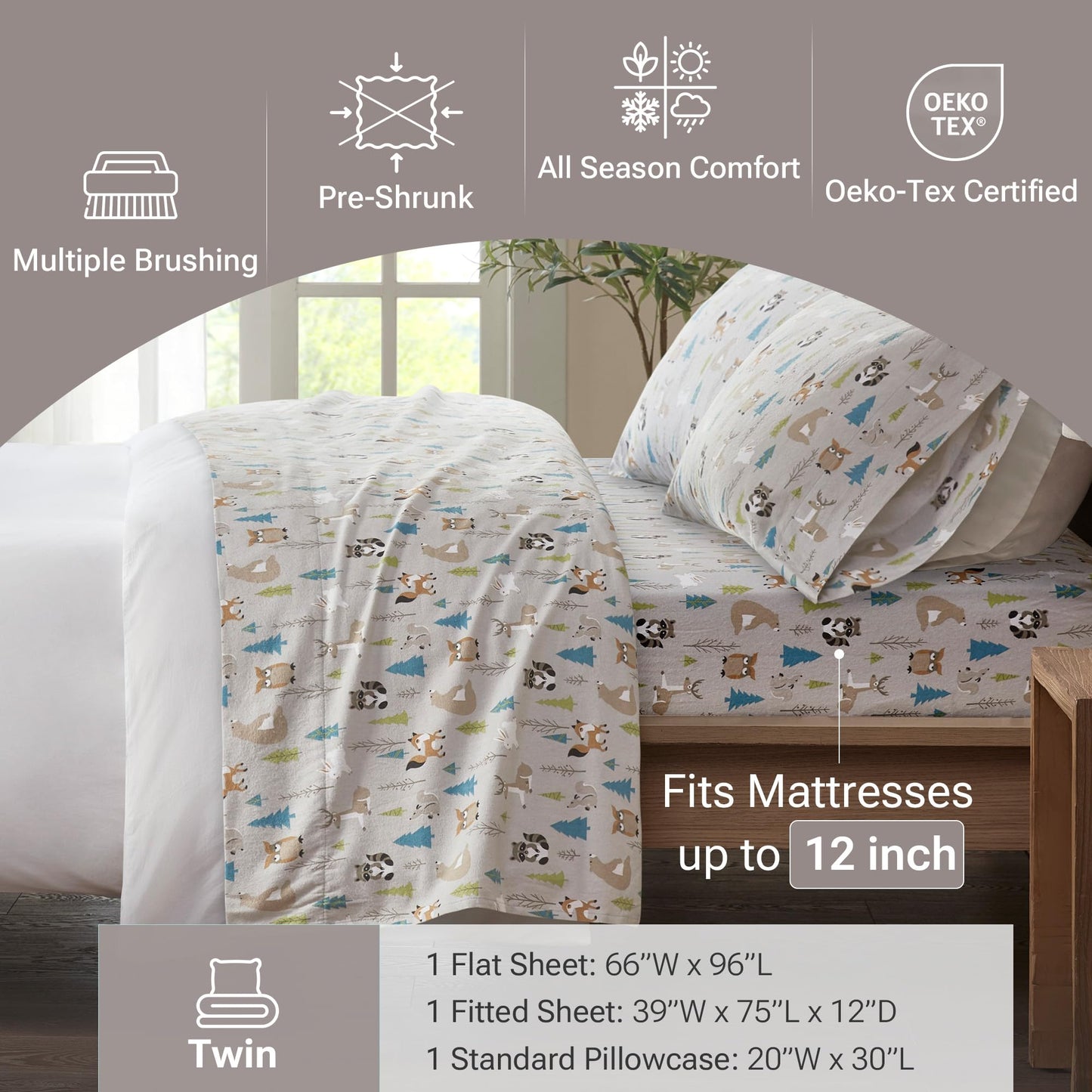 True North by Sleep Philosophy Cozy Flannel Warm 100% Cotton Sheet - Novelty Print Animals Stars Cute Ultra Soft Cold Weather Bedding Set, Twin, Multi Forest Animals 3 Piece
