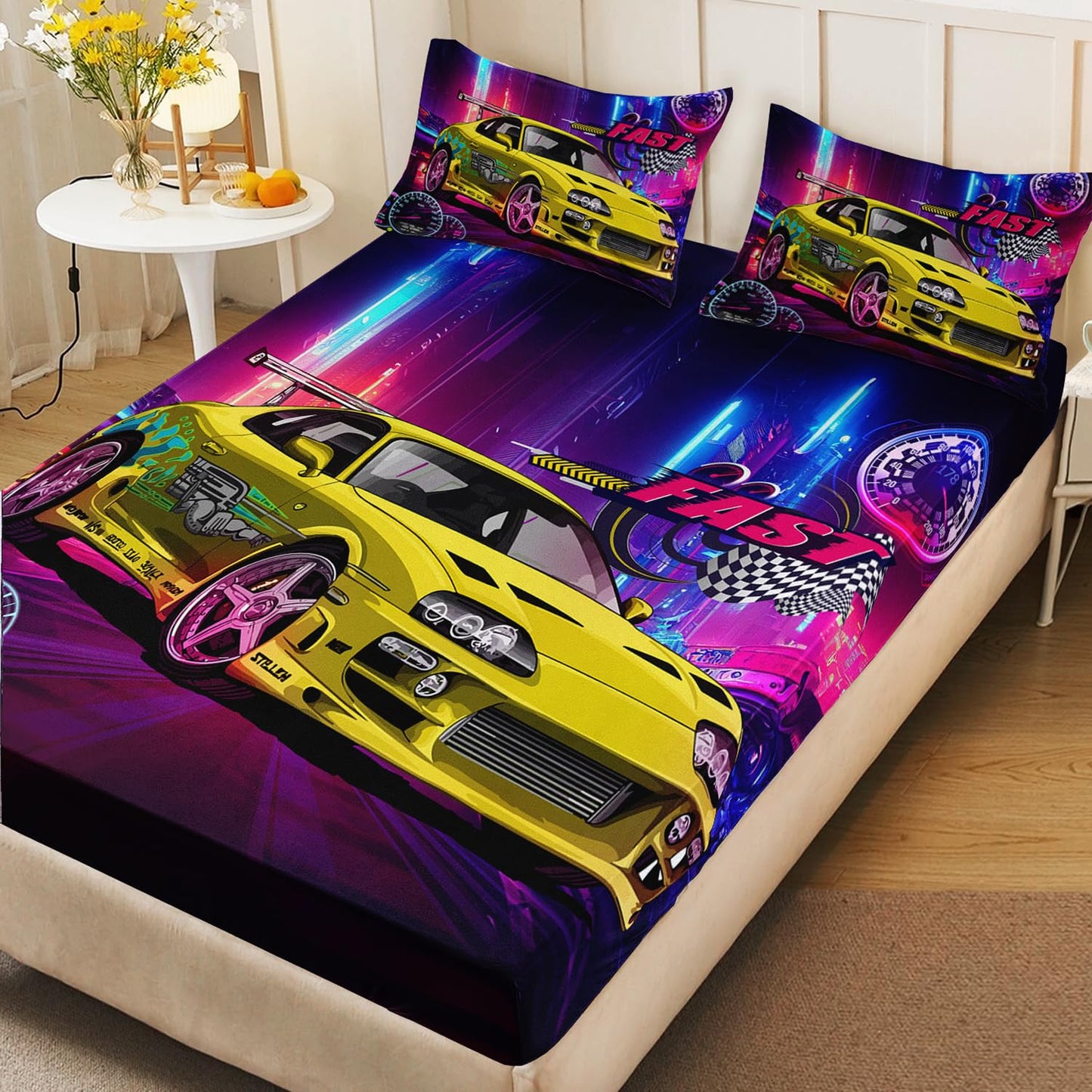 AILONEN Yellow Racing Car Fitted Sheet Queen Size, Extreme Sport Bedding Set for Kids Boys,Sports Race Car Bed Sheet Set,Cool Speed Dial Bedsheets Set,3 Pieces,1 Fitted Sheet and 2 Pillowcases
