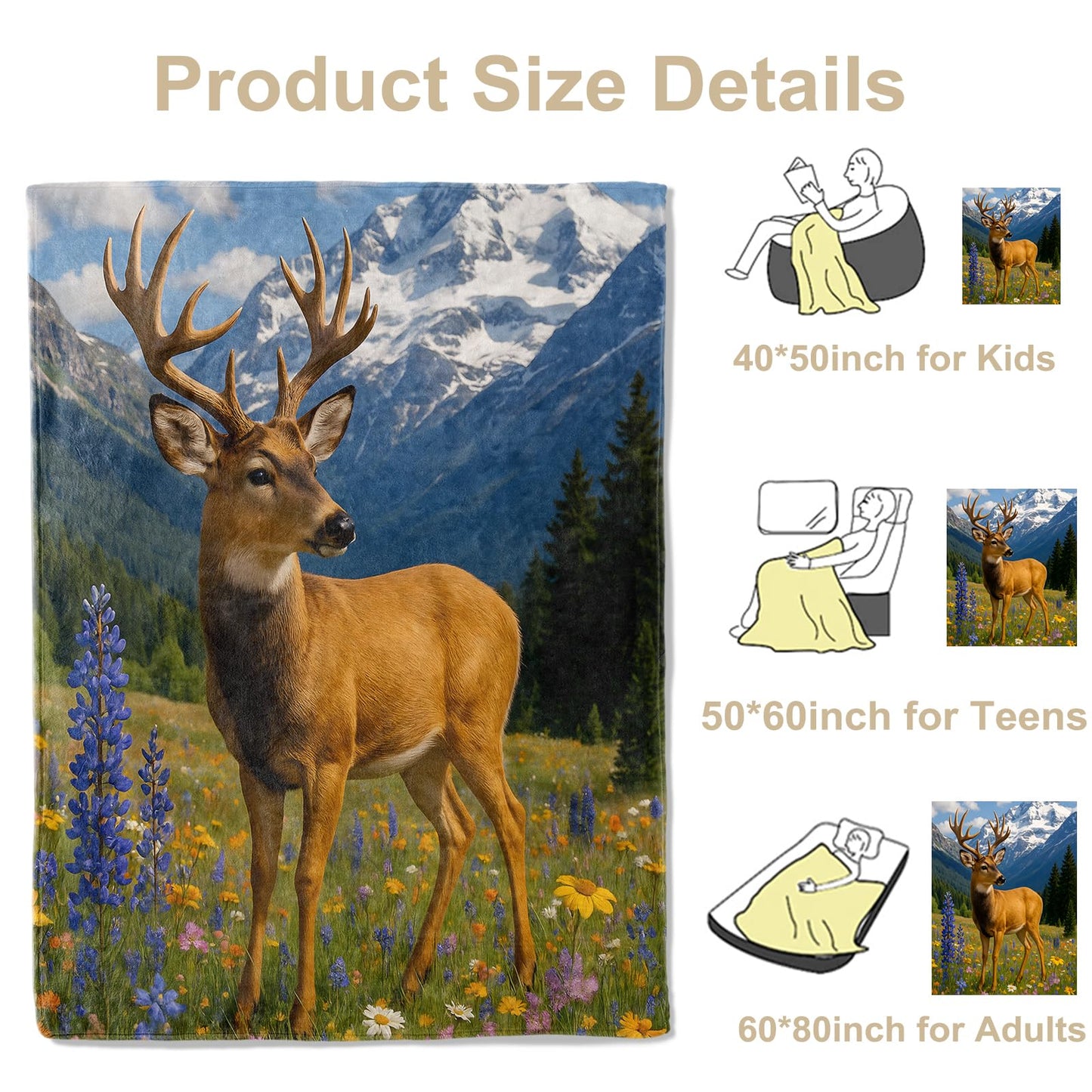 Majestic Deer with Wildflowers Throw Blanket, Lightweight Warm Flannel Blankets, Home Decor and Gifts, Soft Cozy Throws for Women Boys Kids, 50"X60" for Bed Couch Travel Office