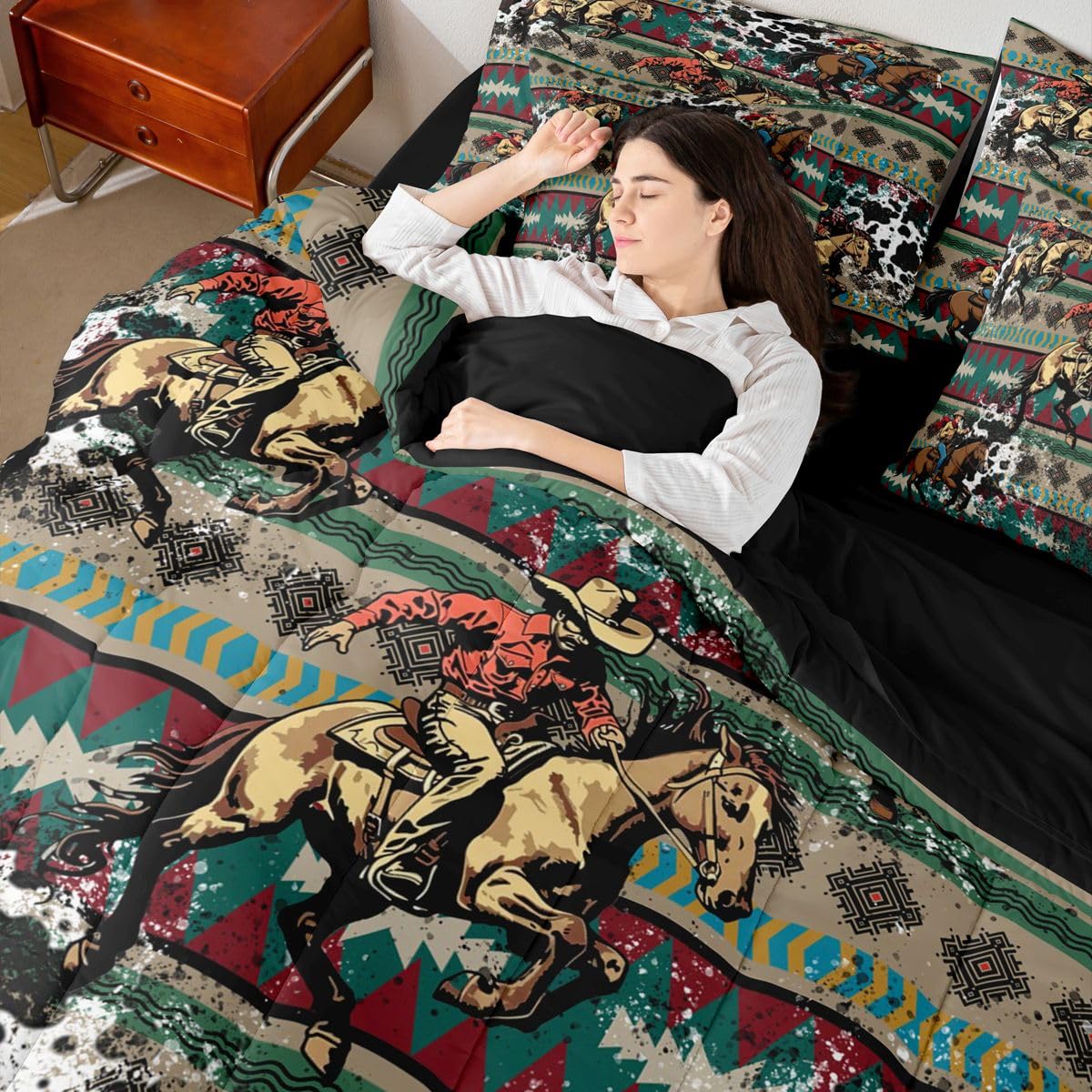Erosebridal Fur Print Cowboy Red Blue Brown Aztec Full Comforter Set 7 Pieces | Tribal Bohemian Ethnic Bed in A Bag for Bedroom Cowhide Pattern Bedding Set with Comforters Retro Adults Room Decor