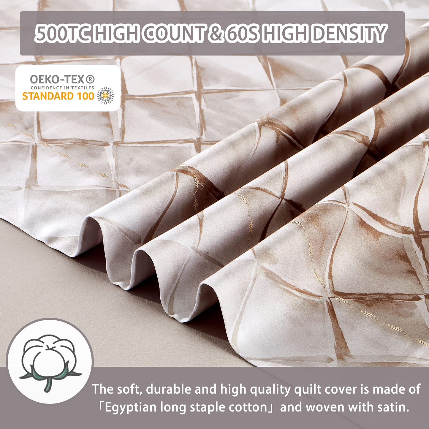 MILDLY 100% Egyptian Cotton Duvet Cover King, Gray Beige Geometric Pattern Comforter Cover Set 500TC Modern Abstract Reversible Ultra Soft & Breathable Unique Design Neutral Bedding Set (No Comforter)