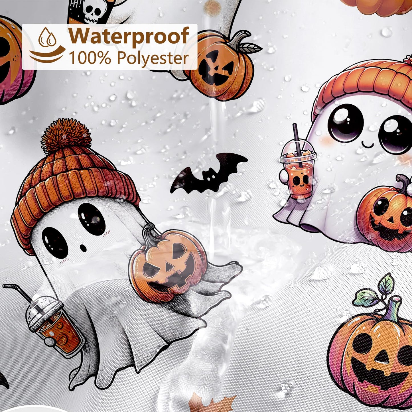 MEHOFOND Halloween Shower Curtain Cute Ghost Shower Curtain Pumpkin Maple Leaves Bat Spooky Halloween Festival Holiday Bathroom Decor Waterproof Fabric Washable with Hooks 72x72 in(White)
