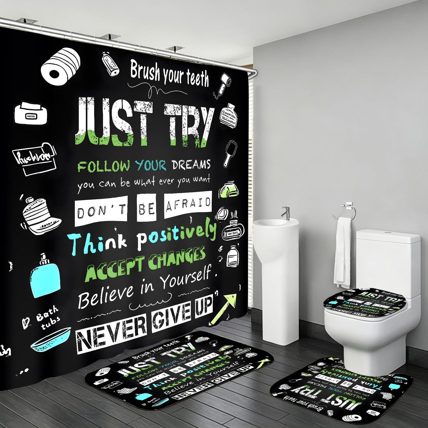 AZHM Black Inspirational Quotes and Positive Phrases Pattern Shower Curtain Set for Bathroom 4 Pcs Whimsical Design Bathroom Accessory Decor Sets with Shower Curtain and Rugs