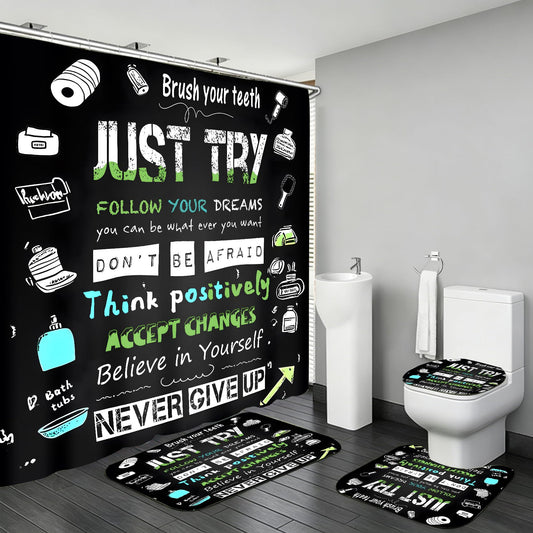 AZHM Black Inspirational Quotes and Positive Phrases Pattern Shower Curtain Set for Bathroom 4 Pcs Whimsical Design Bathroom Accessory Decor Sets with Shower Curtain and Rugs