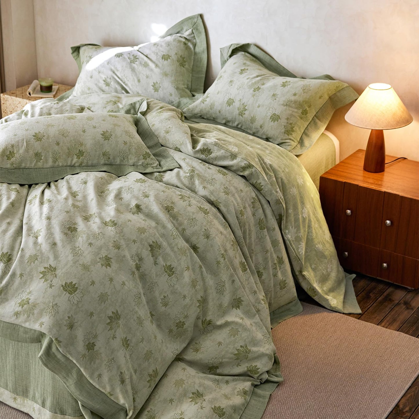mixinni Yarn-Dyed Jacquard Duvet Cover King, Green Botanical Leaf Print 3-Piece Bedding Set with Wide Edge Piping, Soft Breathable Double Layer Gauze for All Seasons (1 Duvet Cover + 2 Pillowcases)