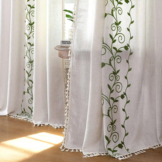 Joydeco Green Floral Embroidered Curtains 63 Inch Long 2 Panel Set,Semi Sheer Tassels Linen Drapes for Living Room,Boho Light Filtering Cottage Curtain with Back Tab Rod Pocket(63" Lx52 W)